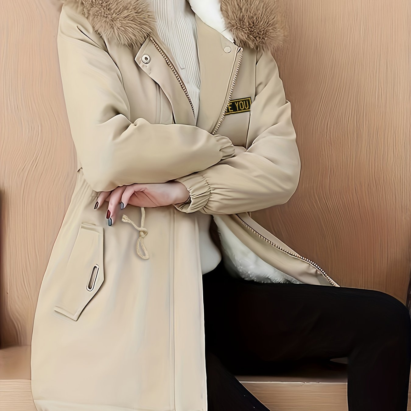 vlovelaw Fluffy Trim Zip Up Coat, Casual Solid Long Sleeve Winter Outerwear, Women's Clothing