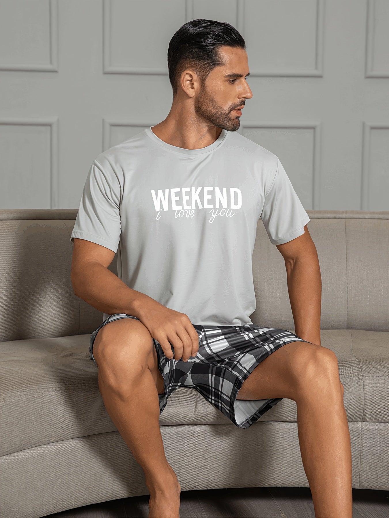 Mens Pajama Set - Relaxed Casual Style with Unique Grey Letter Print and Plaid Shorts, Ultra-Soft and Comfortable for Home and Outdoor Wearing, Perfect for Summer Season