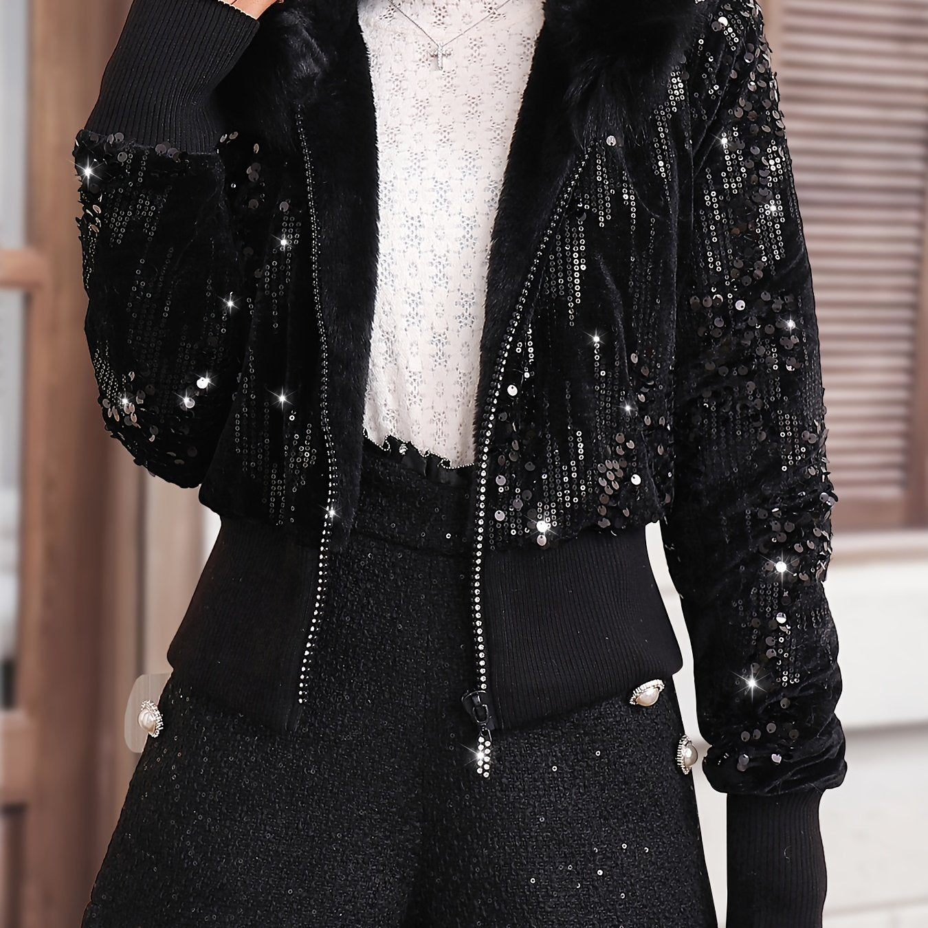 vlovelaw Faux Fur Trim Hooded Zip-up Jacket, Elegant Long Sleeve Sequin Decor Jacket For Fall & Winter, Women's Clothing