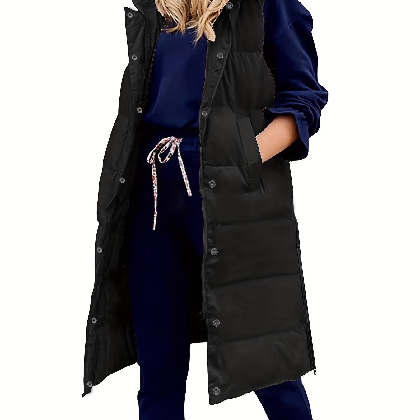 Hooded Sleeveless Coat, Button Front Long Length Casual Warm Outerwear, Women's Clothing