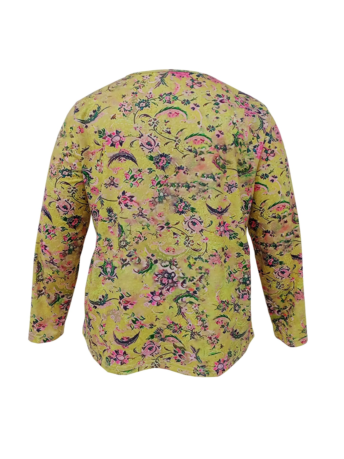 Plus Size Casual T-shirt, Women's Plus Floral Print Long Sleeve V Neck Slight Stretch T-shirt