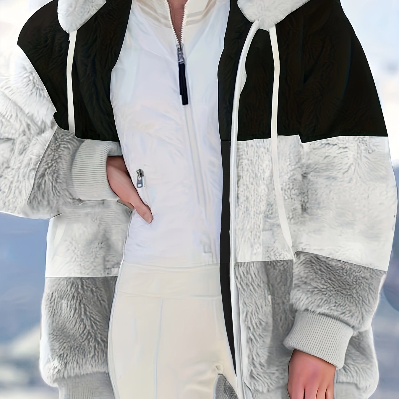 vlovelaw  Plus Size Colorblock Fuzzy Hoodie Drawstring Zip Up Coat, Women's Plus Pocket Casual Overcoat