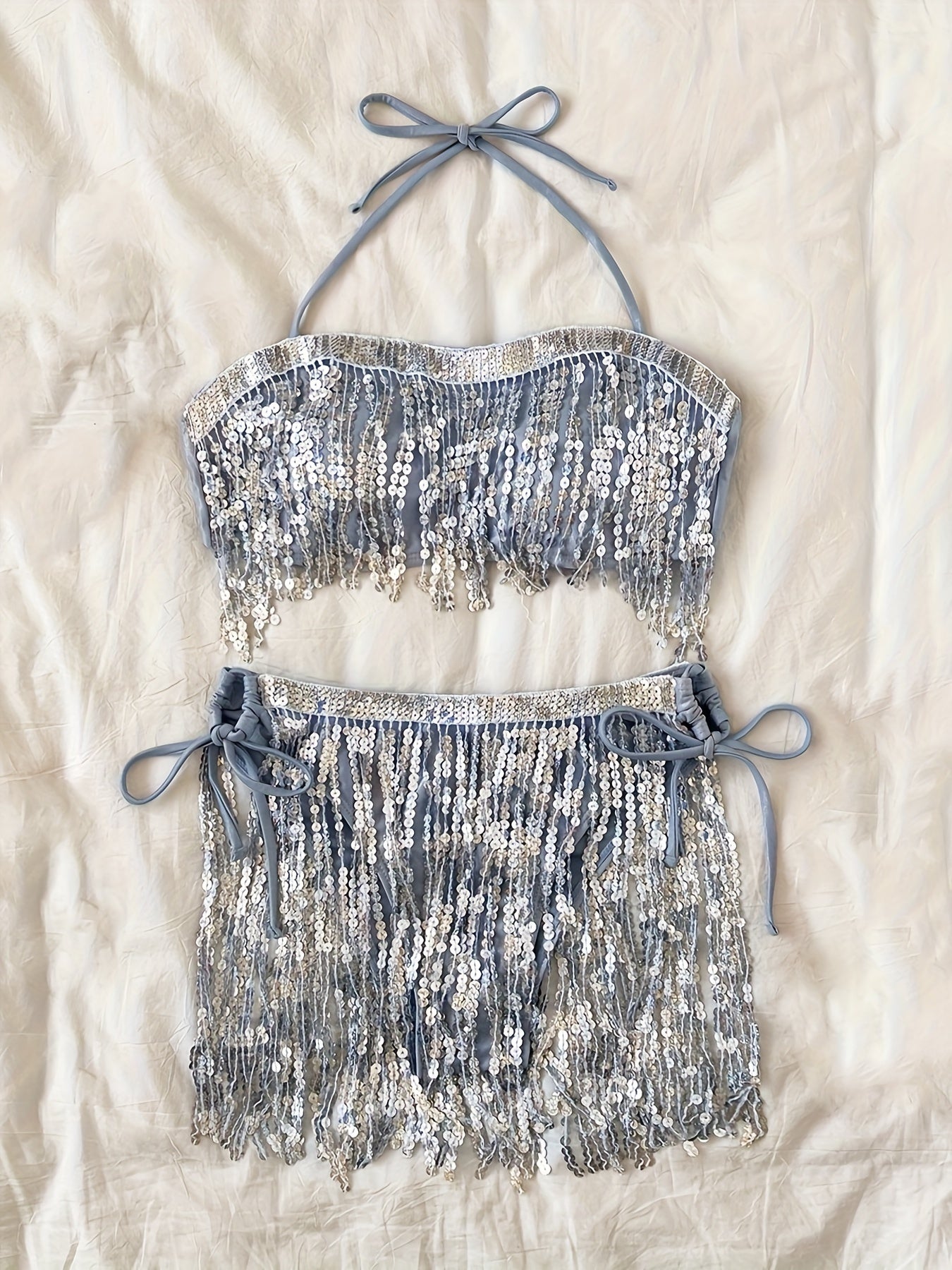 vlovelaw Sequin Fringe Trim 2 Piece Set Bikini, Y2K Style Halter Neck Tie Back Backless High Cut Swimsuits, Women's Swimwear & Clothing