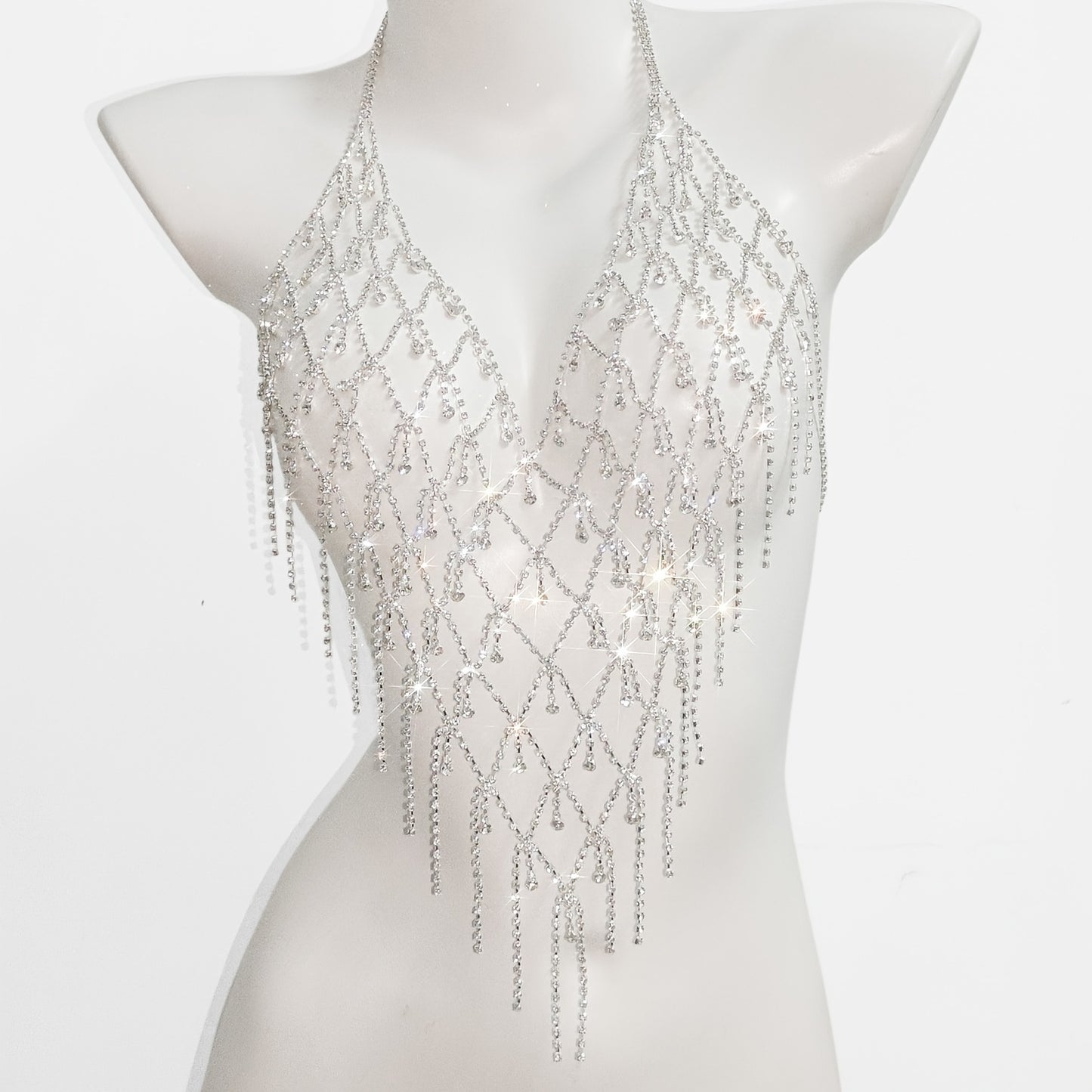 vlovelaw Halter Backless Hollow Out Crop Top Body Chain Inlaid Shiny Rhinestone Temperament Body Chain Accessories