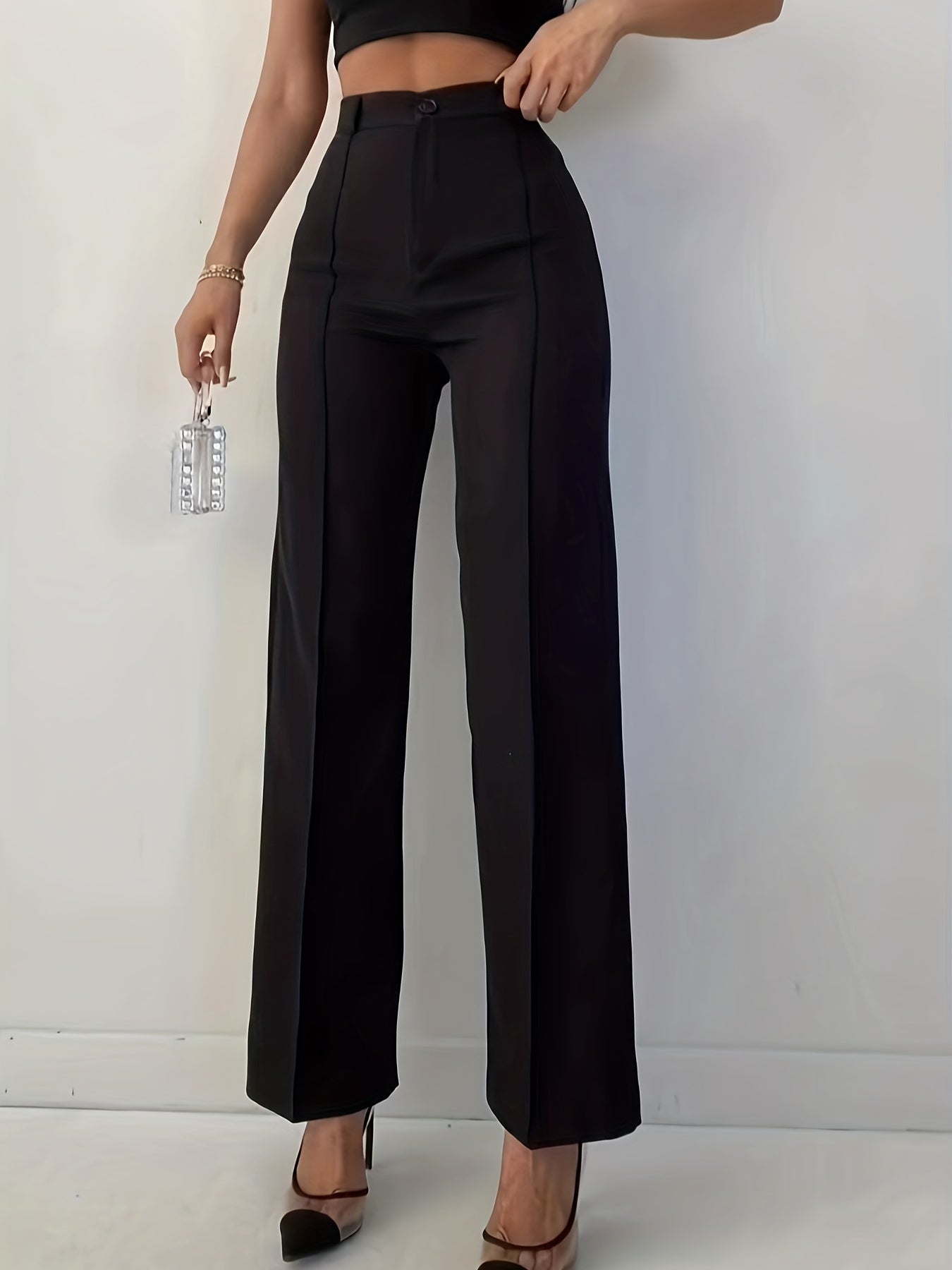 vlovelaw Solid Pintuck Straight Leg Pants, Elegant High Waist Pants, Women's Clothing