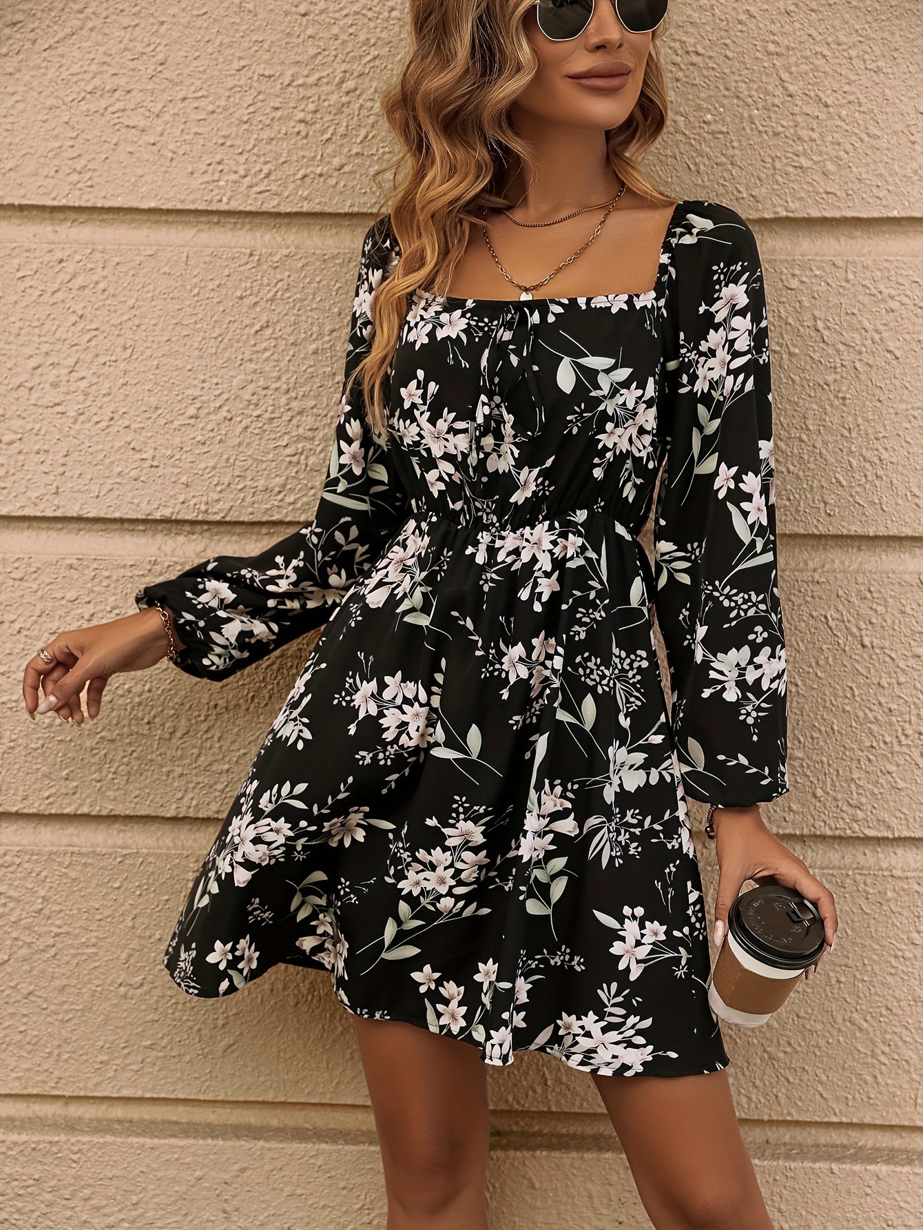 Floral Print Drawstring Square Neck Dress, Casual Long Sleeve Dress For Spring & Summer, Women's Clothing