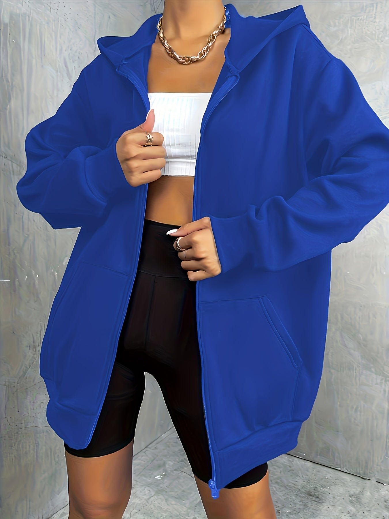 Solid Zip Up Oversized Hoodie, Casual Long Sleeve Pocket Hoodies Sweatshirt, Women's Clothing