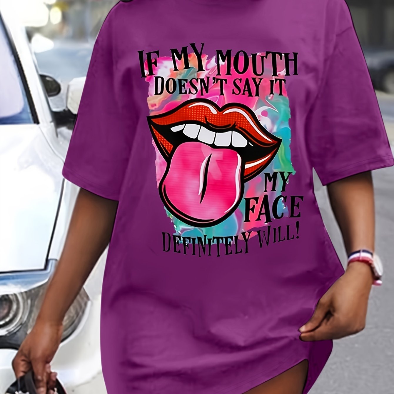 Lips Print Mini Tee Dress, Short Sleeve Crew Neck Casual Dress For Summer & Spring, Women's Clothing