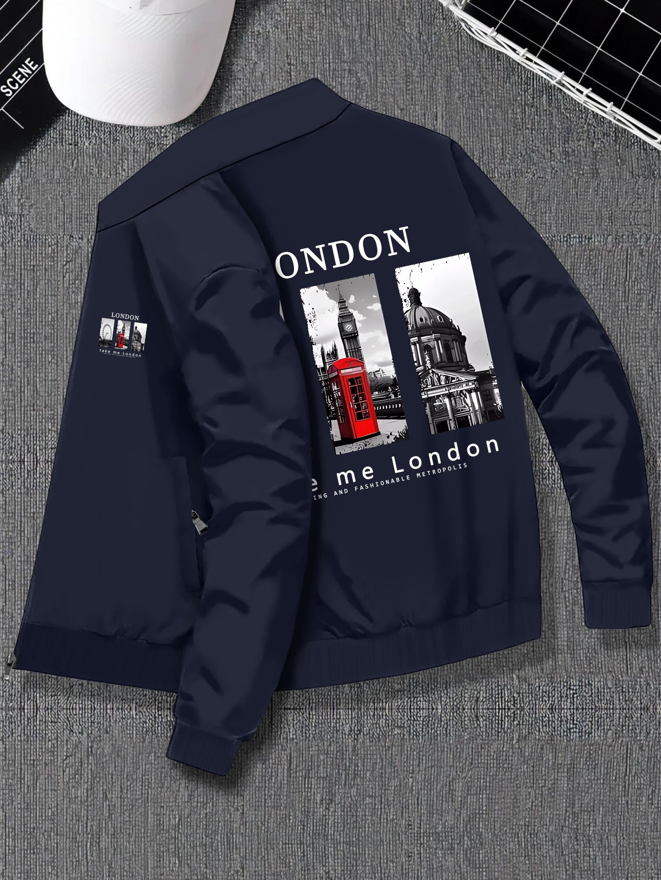 Plus Size Men'S Varsity Jacket with Stand Collar, Casual Polyester Blend, Zipper Closure, Regular Fit, No Lining, Stretch Fabric, Pockets, London Print Design