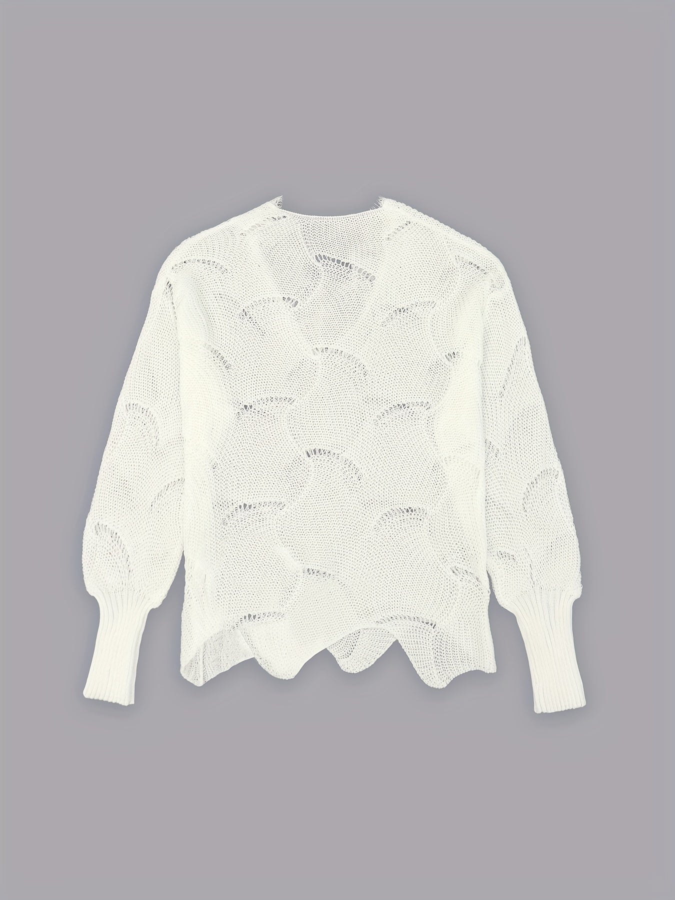 Solid Eyelet Scallop Hem Knit Sweater, Casual Lace V Neck Long Sleeve Pullover Sweater, Women's Clothing