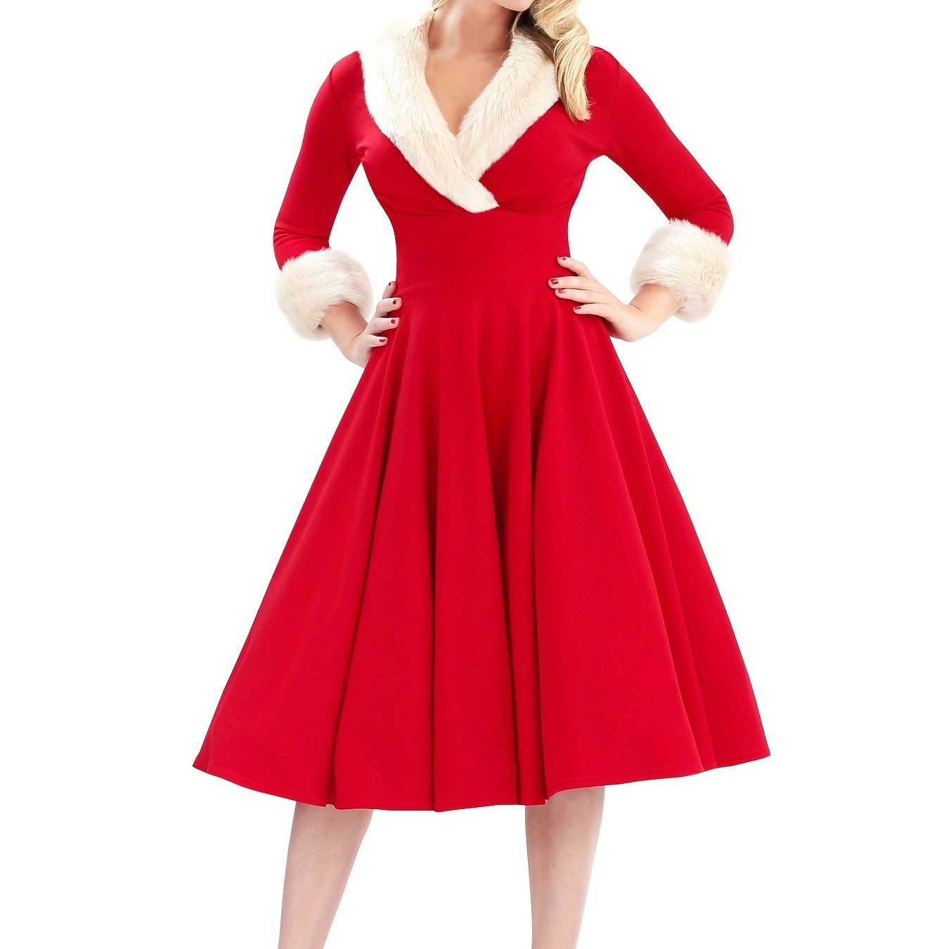 Fuzzy Solid Dress, Vintage V Neck Christmas Party Midi Dress, Women's Clothing