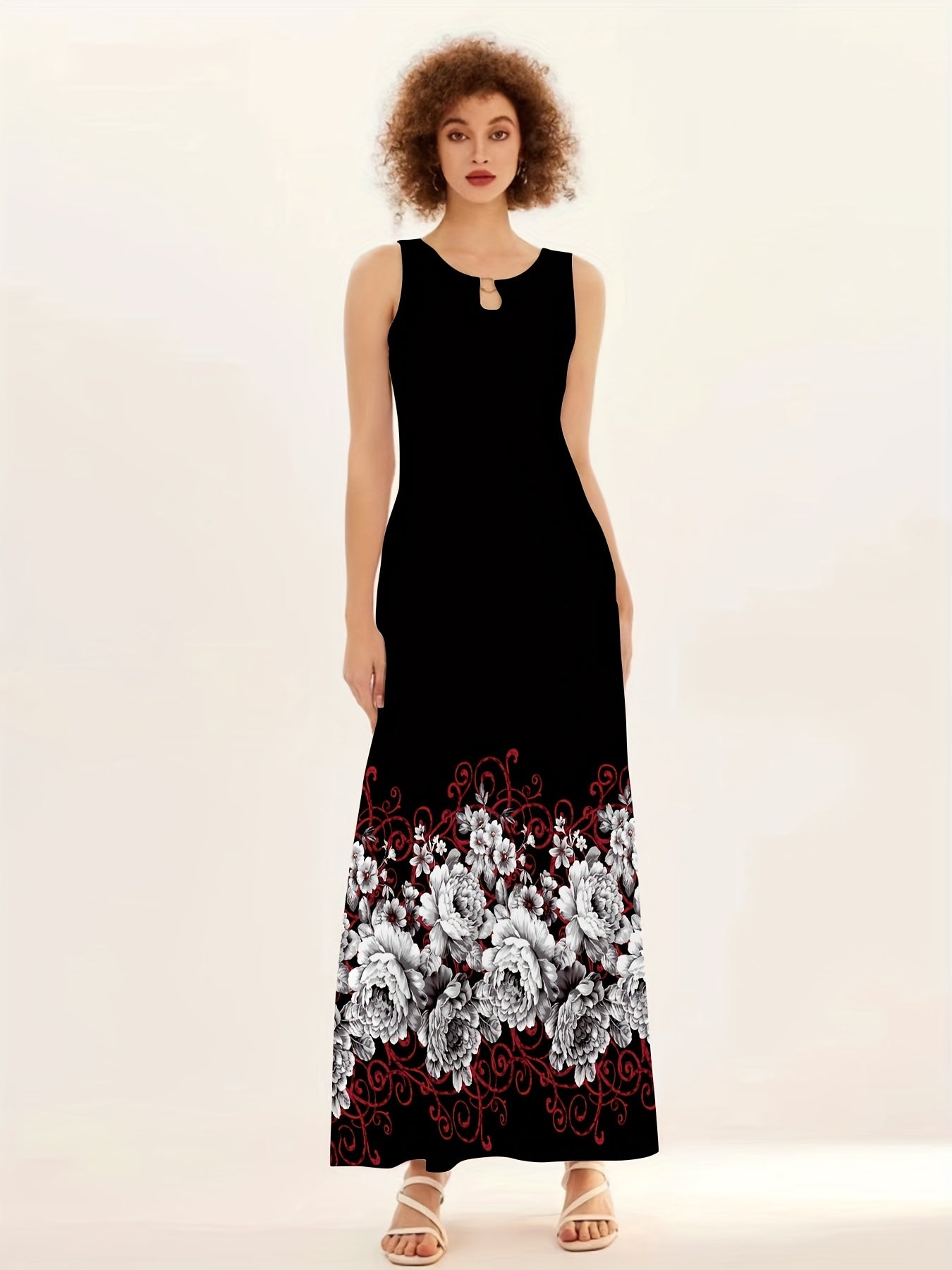 Floral Print Ring Linked Dress, Casual Crew Neck Dual Pockets Tank Dress, Women's Clothing