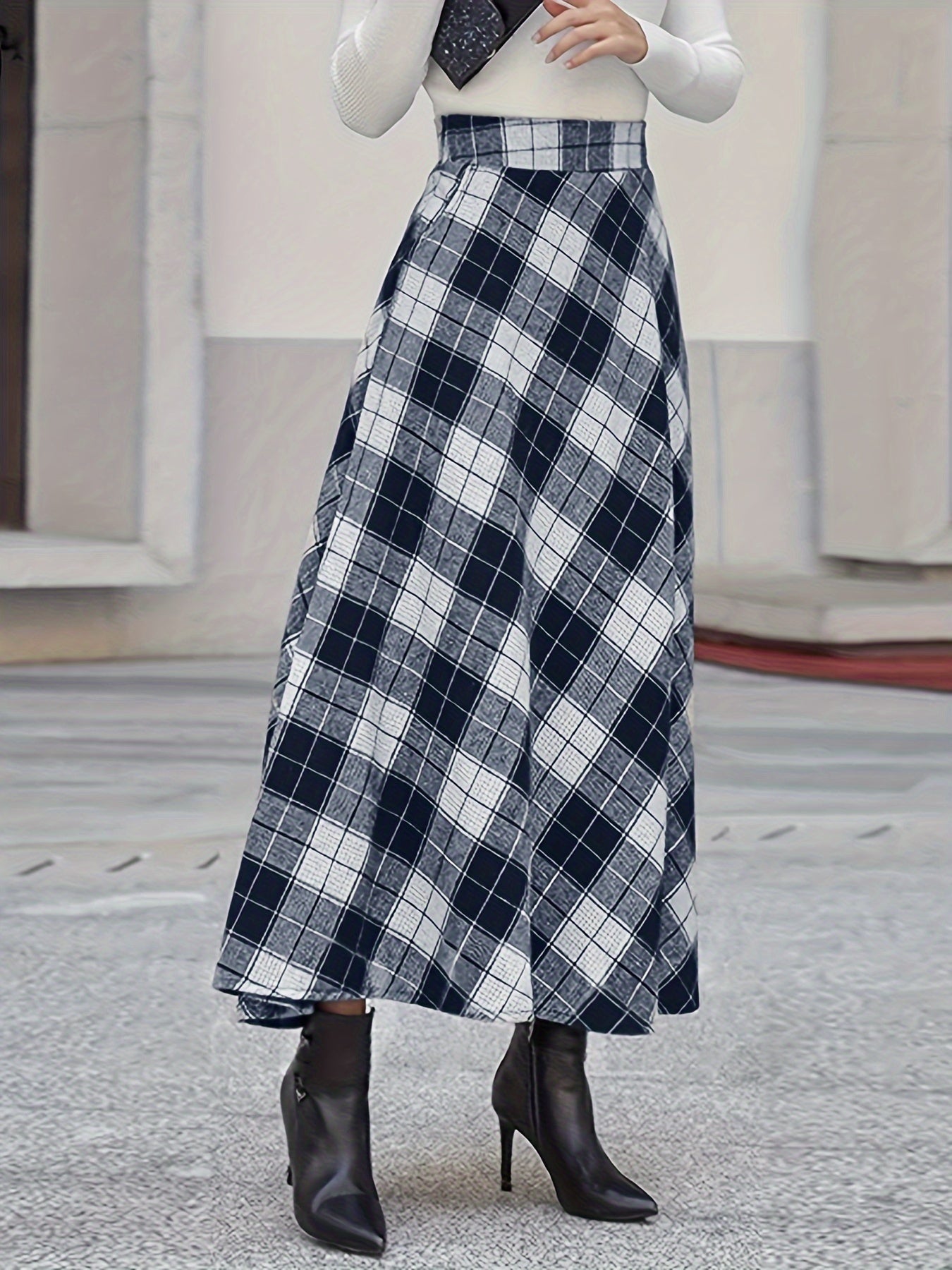 vlovelaw Plus Size Elegant Skirt, Women's Plus Plaid Print High Rise Swing Maxi Skirt With Pockets