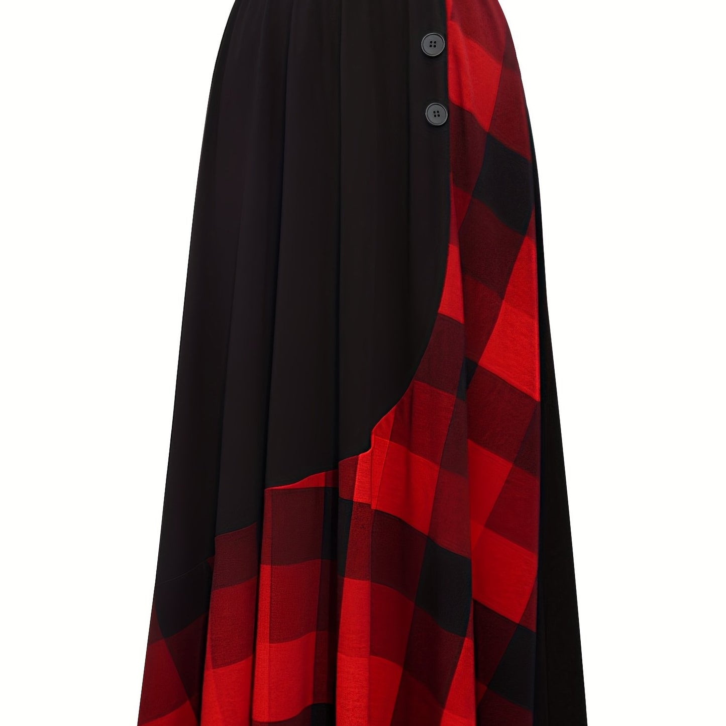 Plaid Print Elastic Waist Skirt, Elegant Button Ruffle Hem Maxi Skirt, Women's Clothing