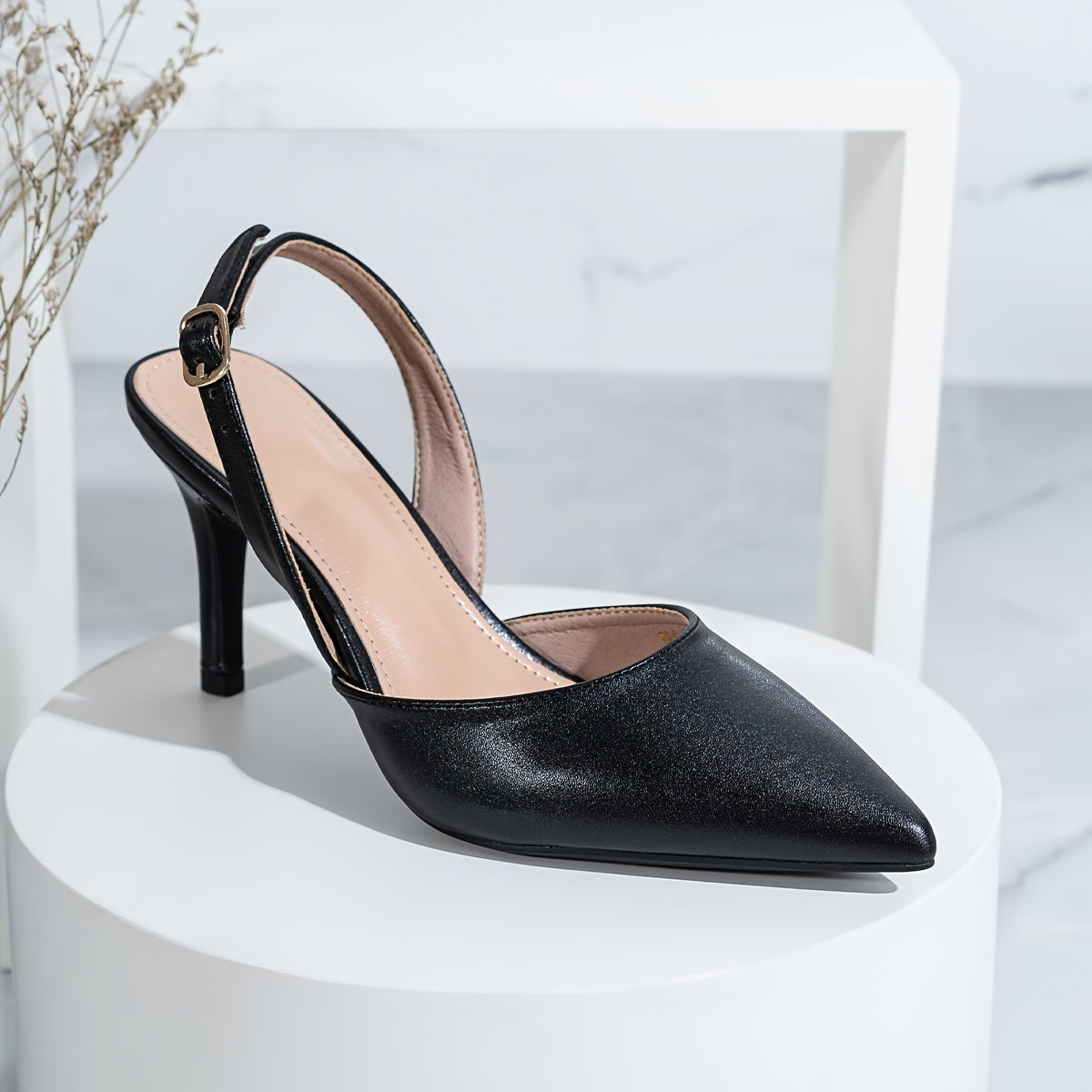 vlovelaw Women's Solid Color Shoes, Slip On Point Toe Ankle Buckle Strap Slingback Stiletto Shoes, Versatile Comfy Shoes