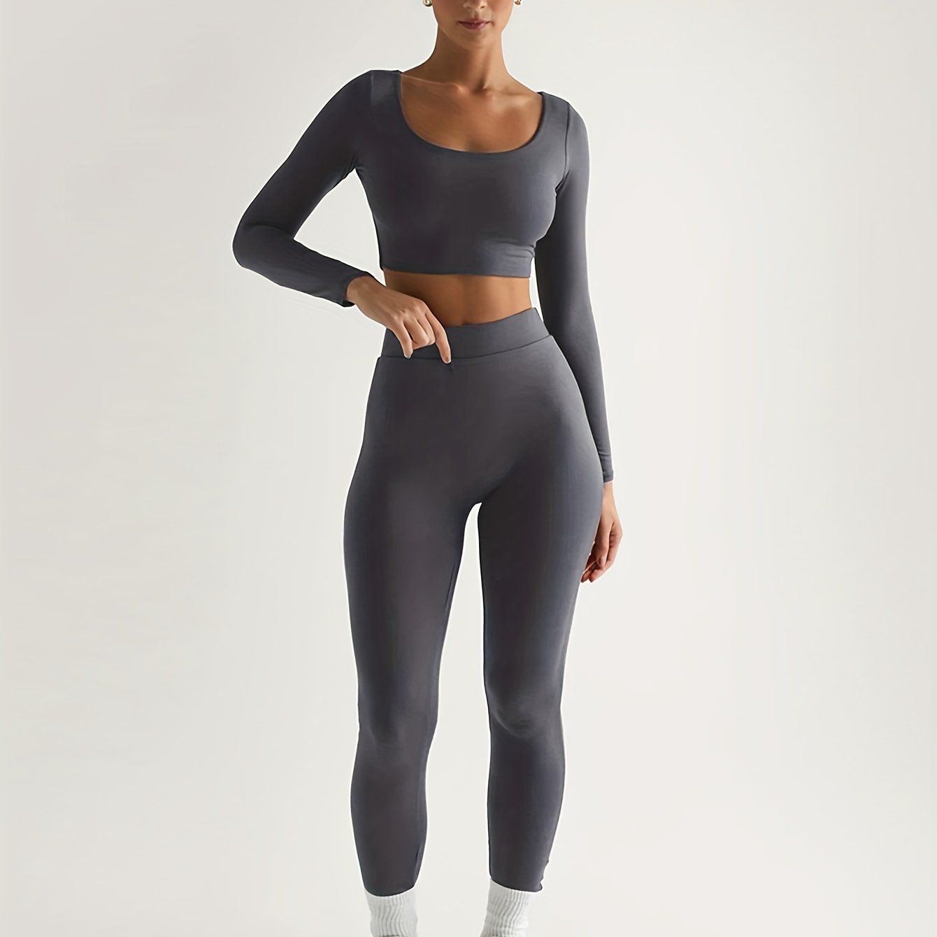vlovelaw Solid Color Spring Casual Two-piece Set, U Neck Long Sleeve Crop Top & Skinny Pants Outfits, Women's Clothing