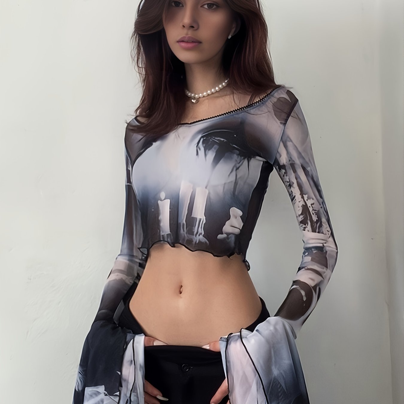 vlovelaw Y2K Mesh Flared Sleeve Crop Top, Sexy Long Sleeve Crew Neck Top, Women's Clothing