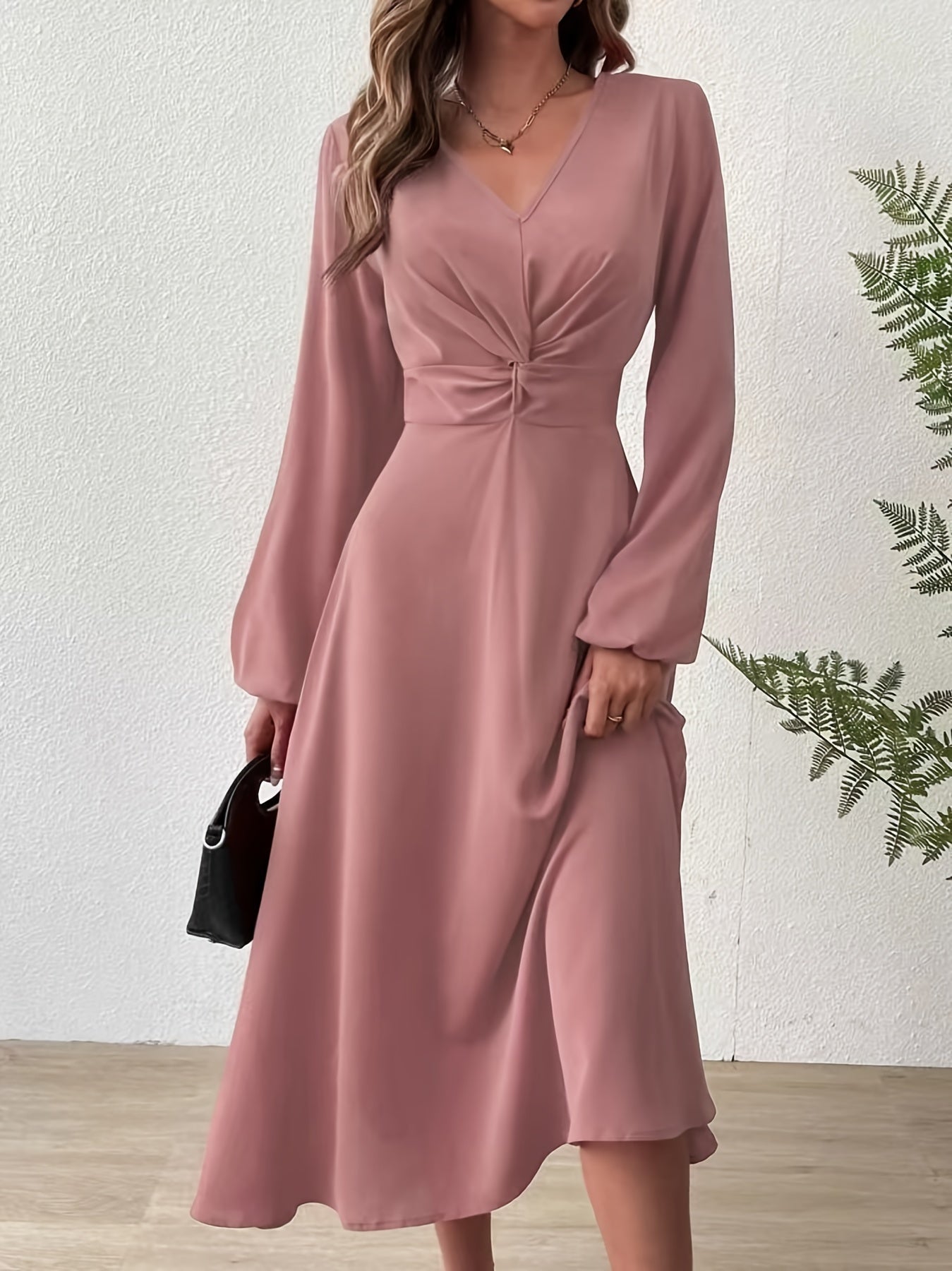 vlovelaw Twist Front Lantern Sleeve Dress, Chic V Neck A-line Dress For Spring & Fall, Women's Clothing
