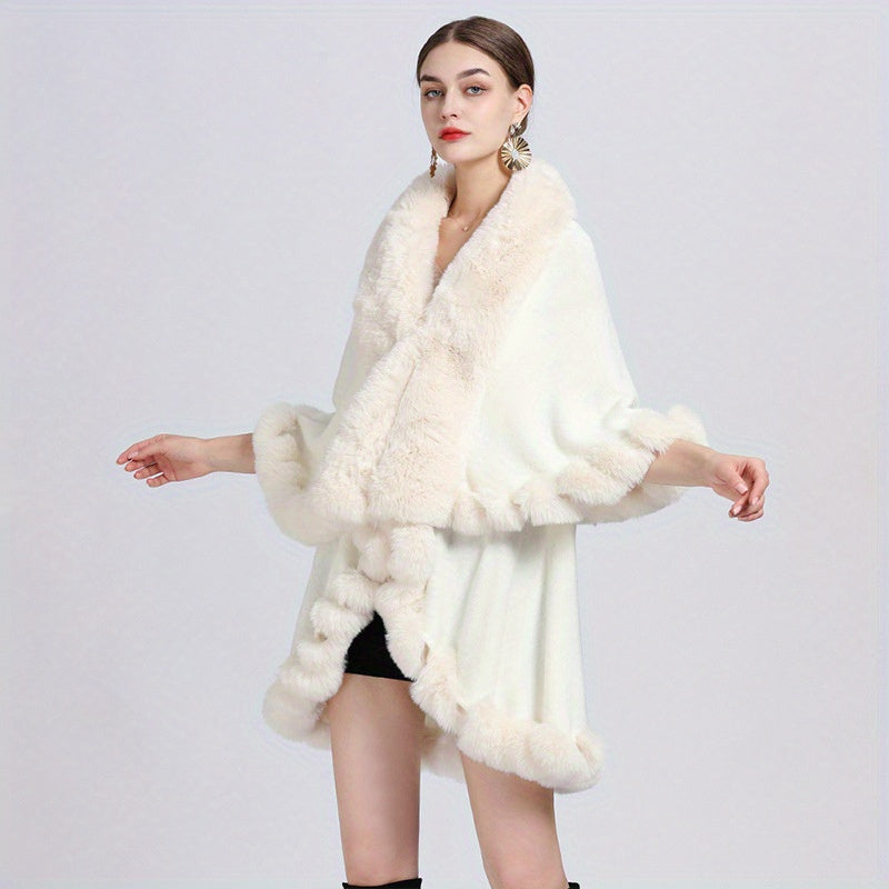 Mature Faux Fur Collar Shawl Solid Color Thickened Imitation Fox Fur Warm Large Cape Cardigan Women's Autumn Winter Outside Warm Coat Shawl