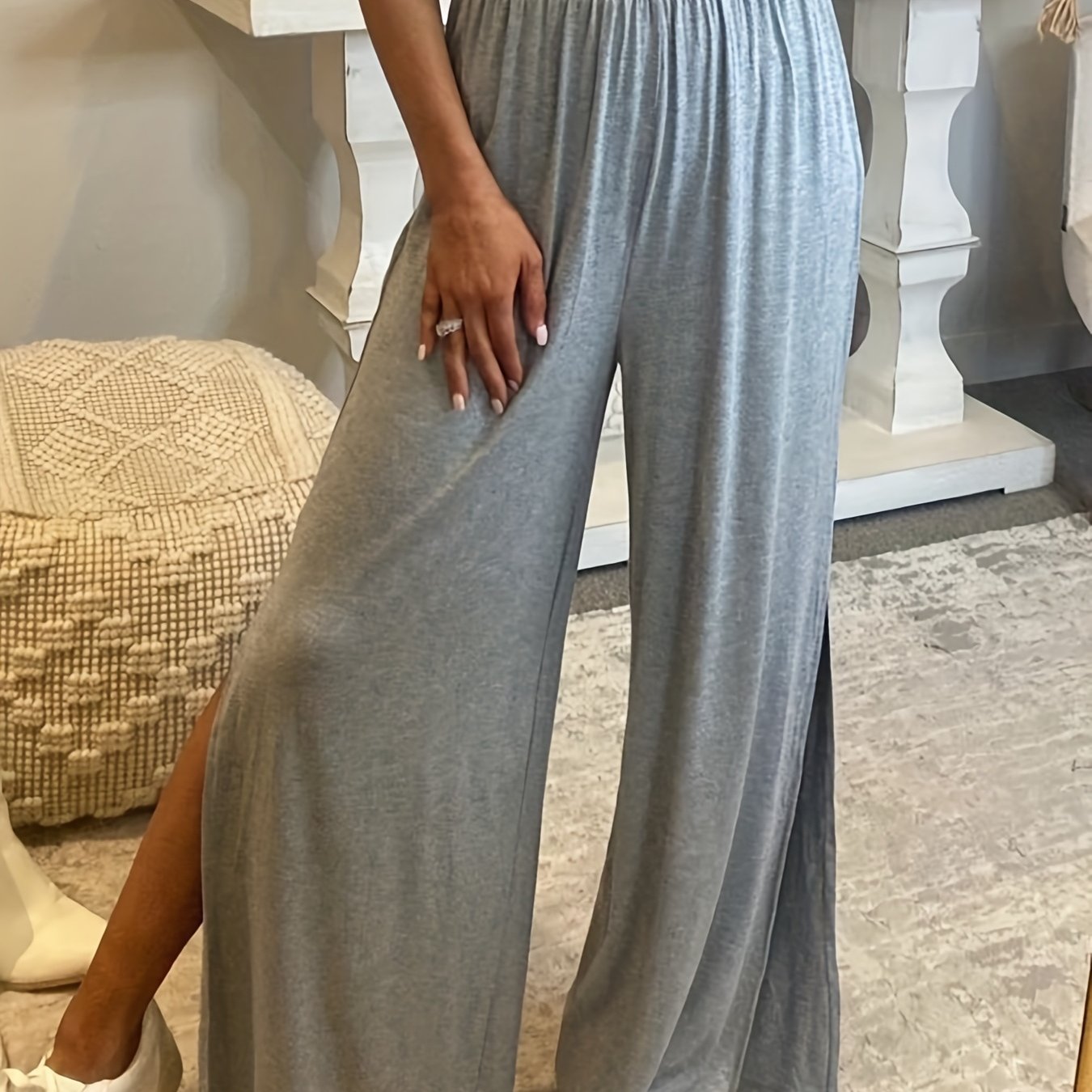vlovelaw Solid Split Side Wide Leg Pants, Casual Loose Pants For Spring & Fall, Women's Clothing