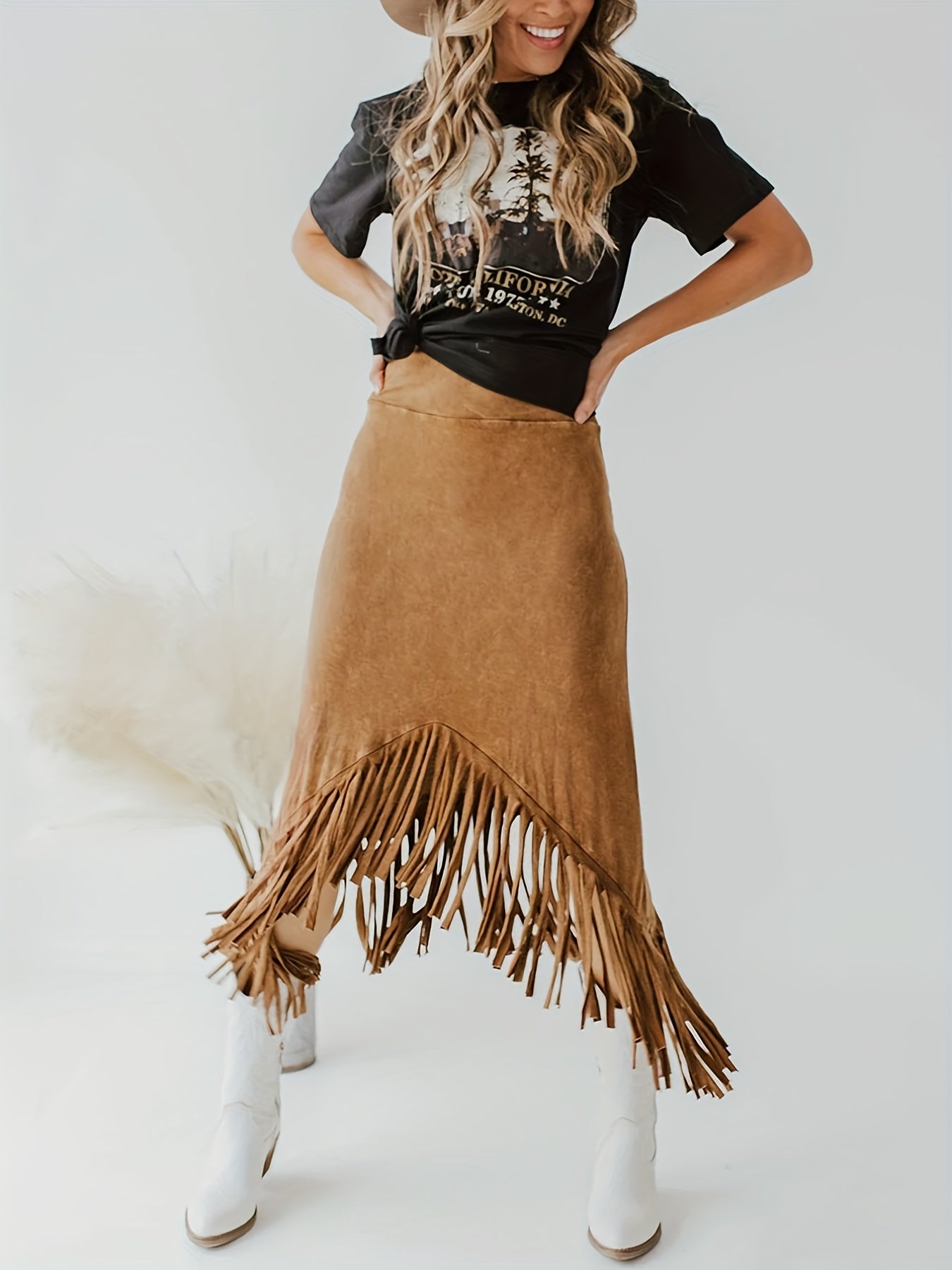 Tassel High Waist Skirts, Vintage Solid Midi Skirts For Spring & Fall, Women's Clothing