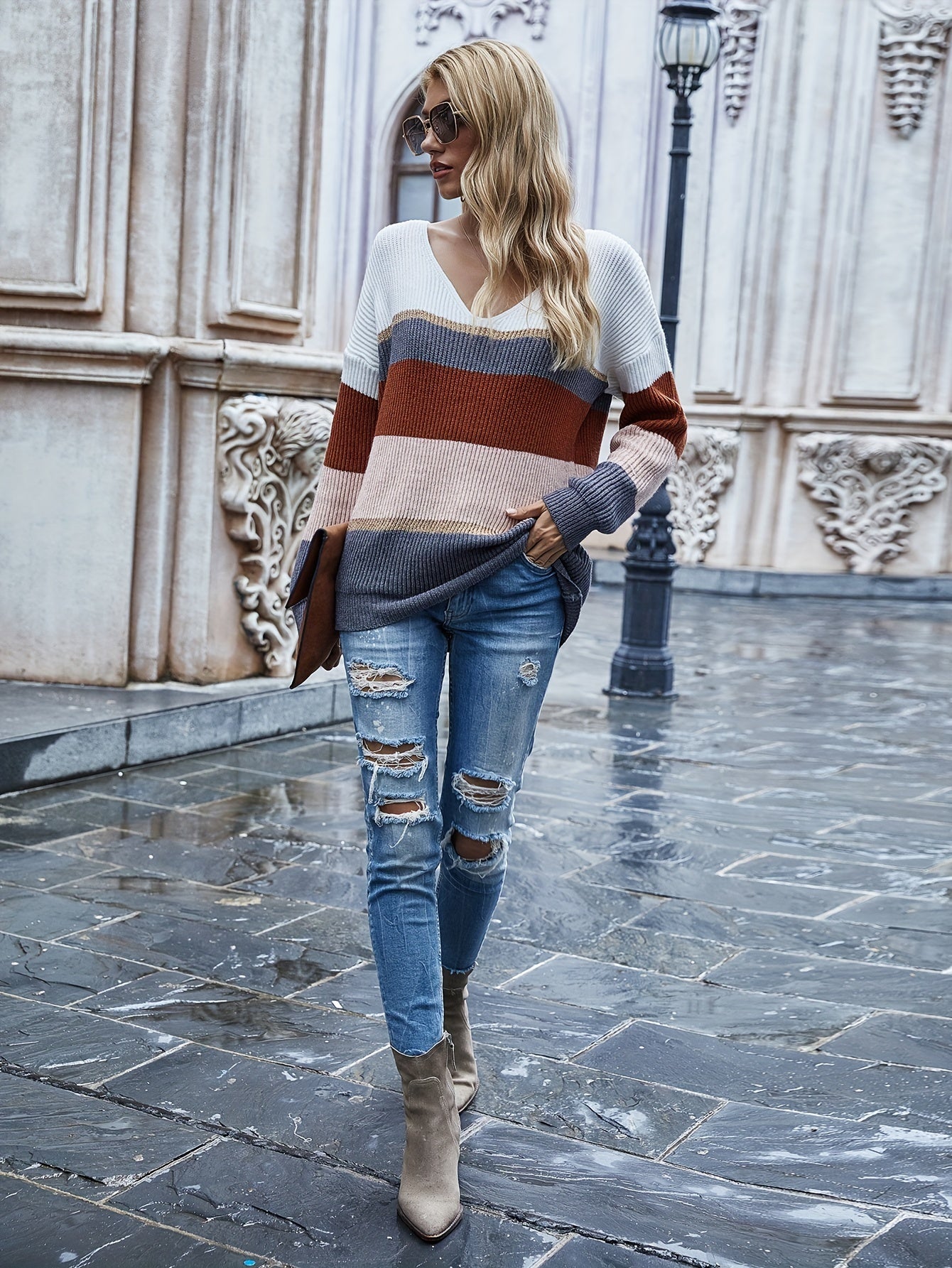vlovelaw Color Block V Neck Pullover Sweater, Elegant Long Sleeve Drop Shoulder Sweater, Women's Clothing