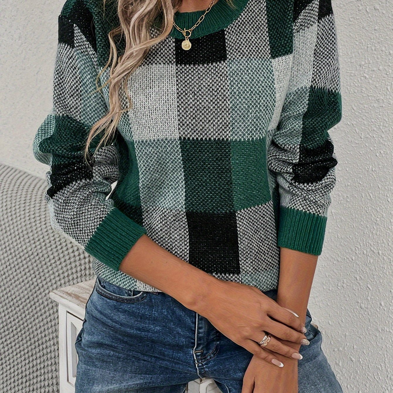 vlovelaw Plaid Pattern Crew Neck Pullover Sweater, Casual Long Sleeve Sweater For Fall & Winter, Women's Clothing