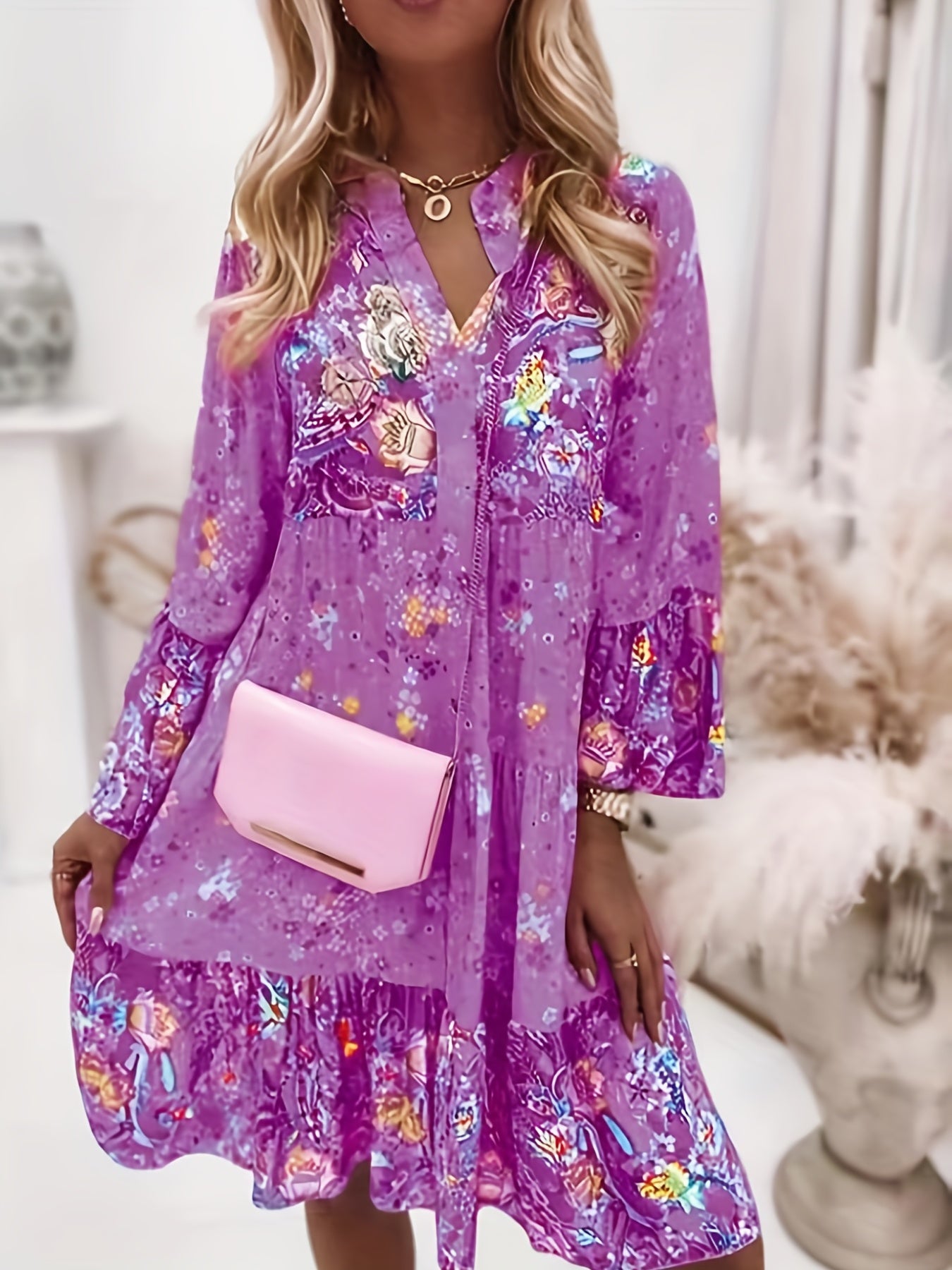 vlovelaw Floral Print Ruffle Hem Dress, Boho Holiday Long Sleeve V-neck Dress, Women's Clothing