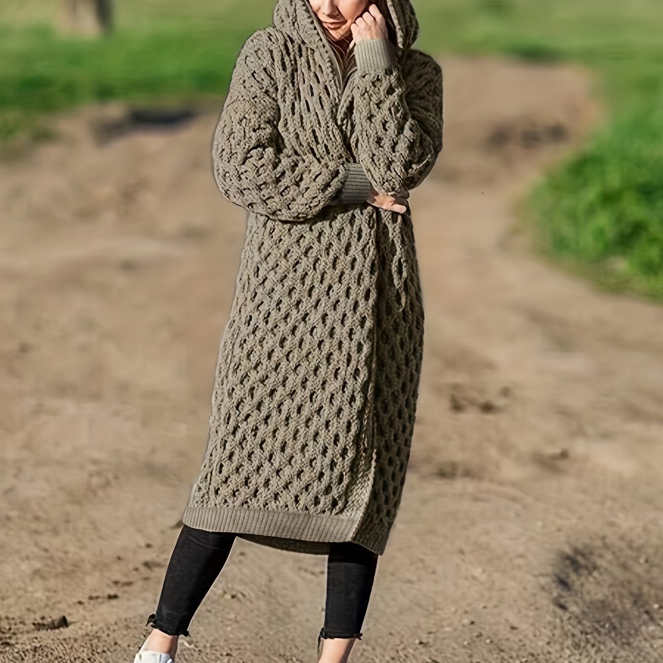 Solid Open Front Hooded Cardigan, Casual Long Sleeve Long Length Sweater For Fall & Winter, Women's Clothing