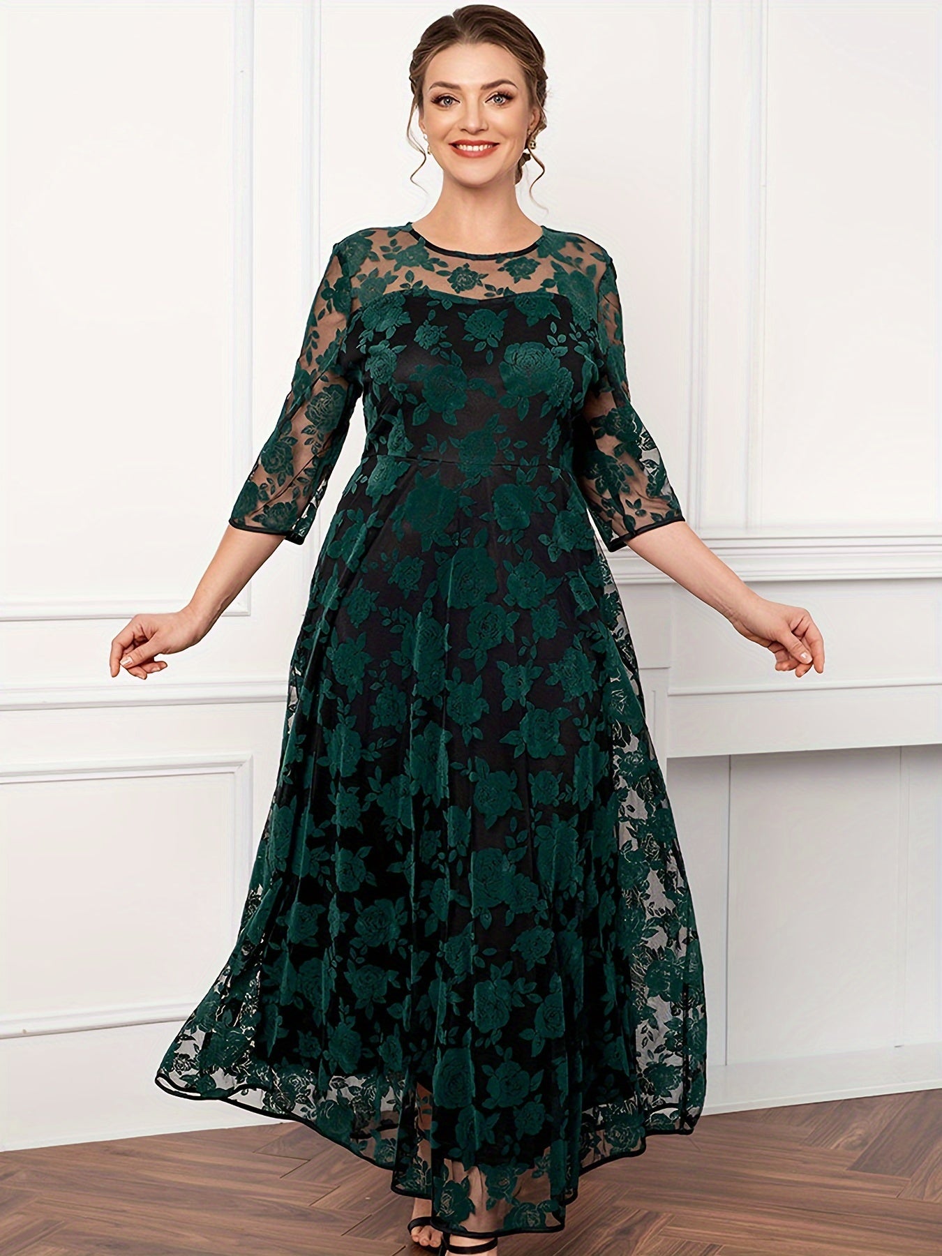 vlovelaw Plus Size Elegant Dress, Women's Plus Floral Print Contrast Mesh Three Quarter Sleeve Round Neck Maxi Dress