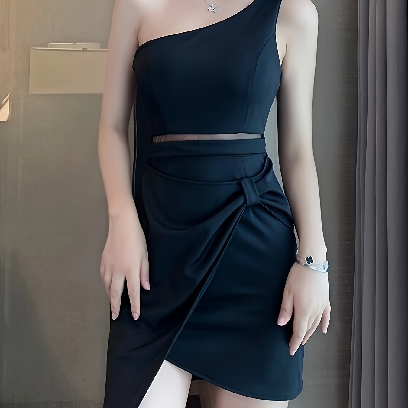 vlovelaw Solid One Shoulder Dress, Elegant Sleeveless Bodycon Dress For Spring & Summer, Women's Clothing
