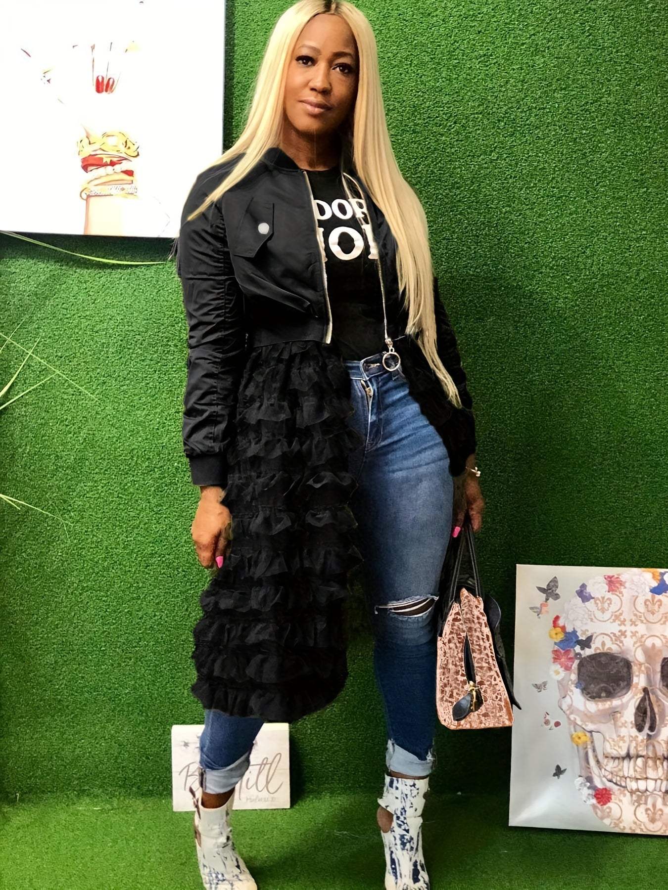 Solid Stand Collar Zipper Jacket With Stitching Ruffled Mesh, Cute Long Sleeve Spring & Fall Outerwear, Women's Clothing