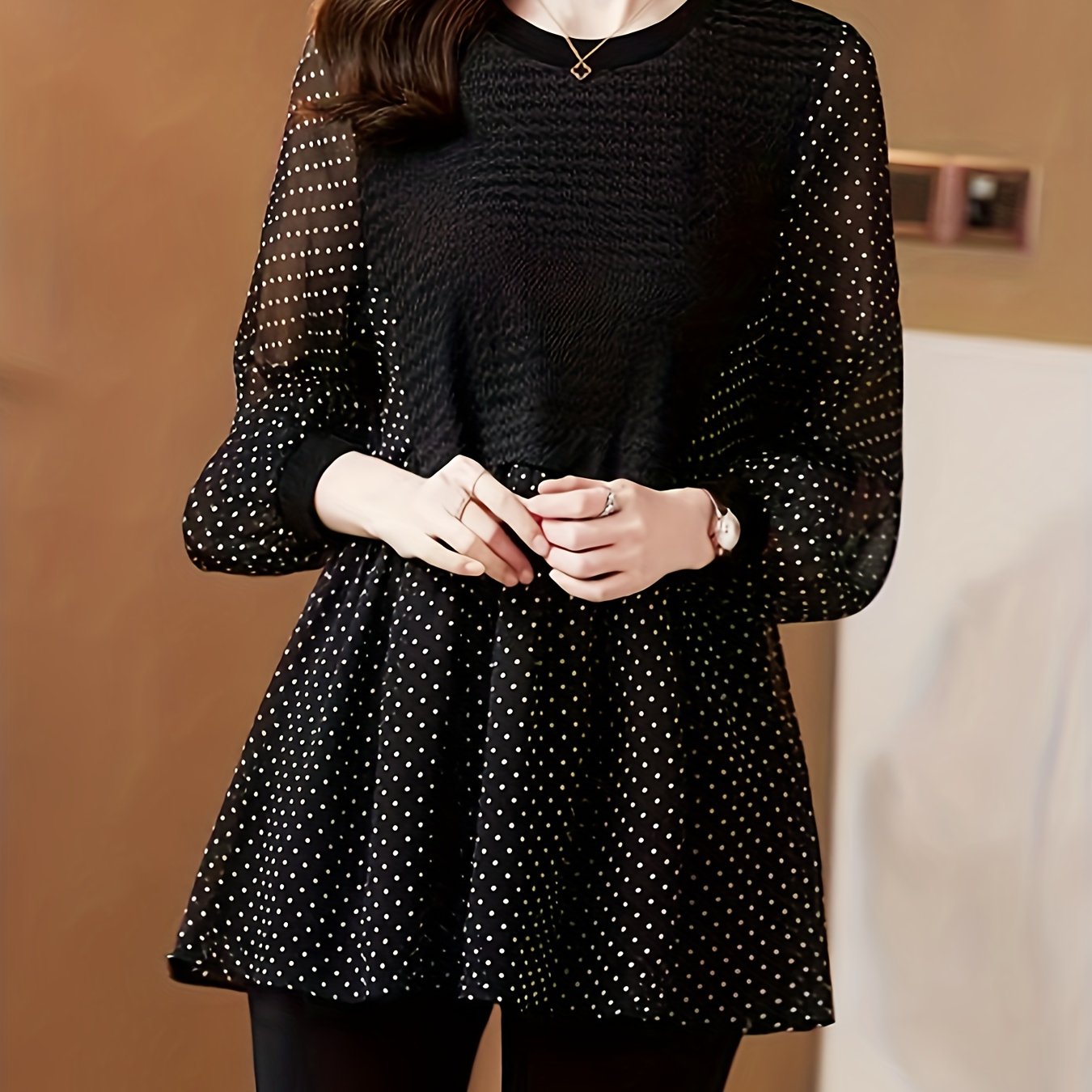 Polka Dot Print Splicing Blouse, Elegant Ruffle Hem Long Sleeve Blouse, Women's Clothing