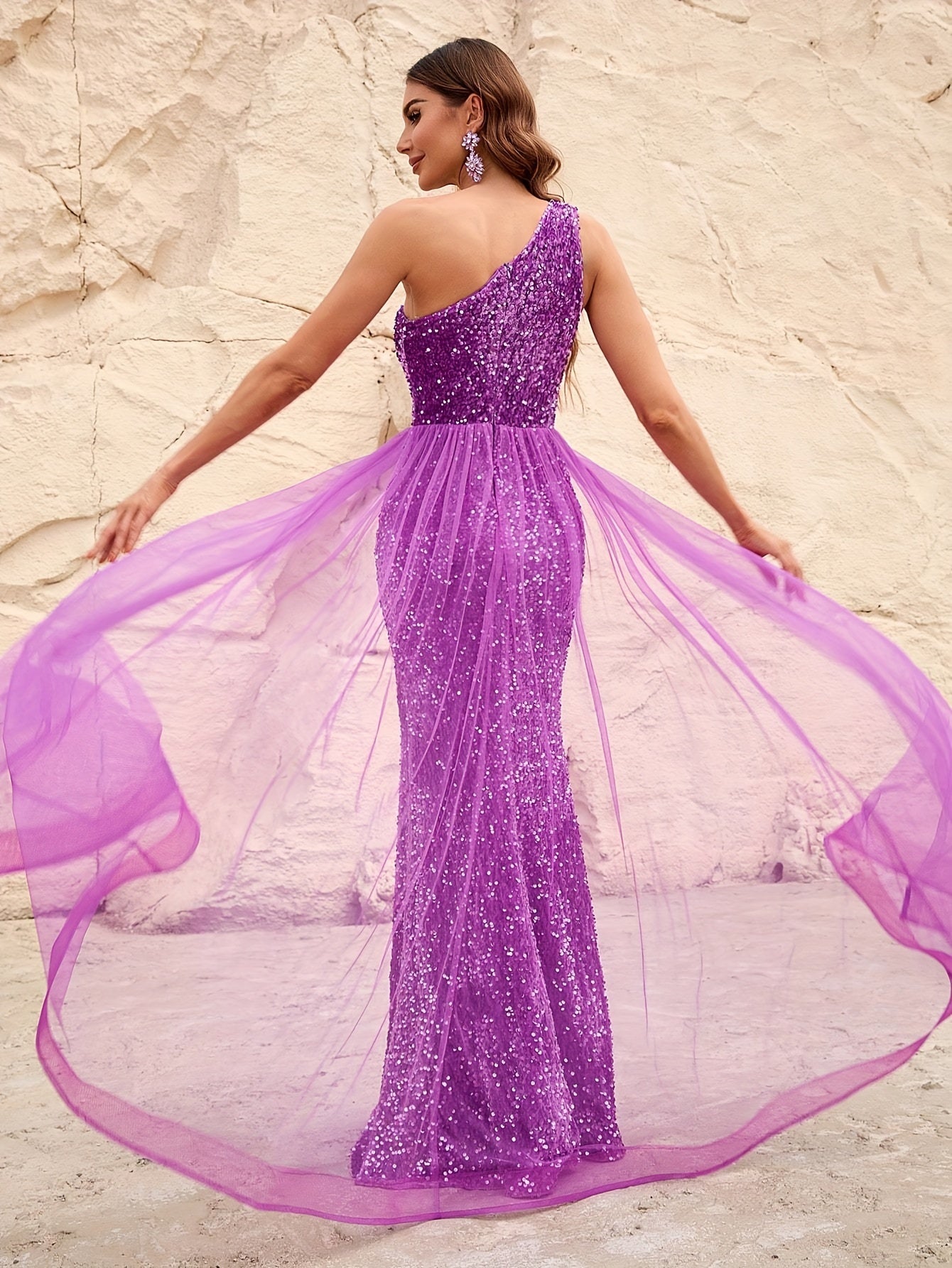 vlovelaw Solid Sequined Mesh Dress, Elegant Sleeveless One Shoulder Split Bodycon Dress, Women's Clothing