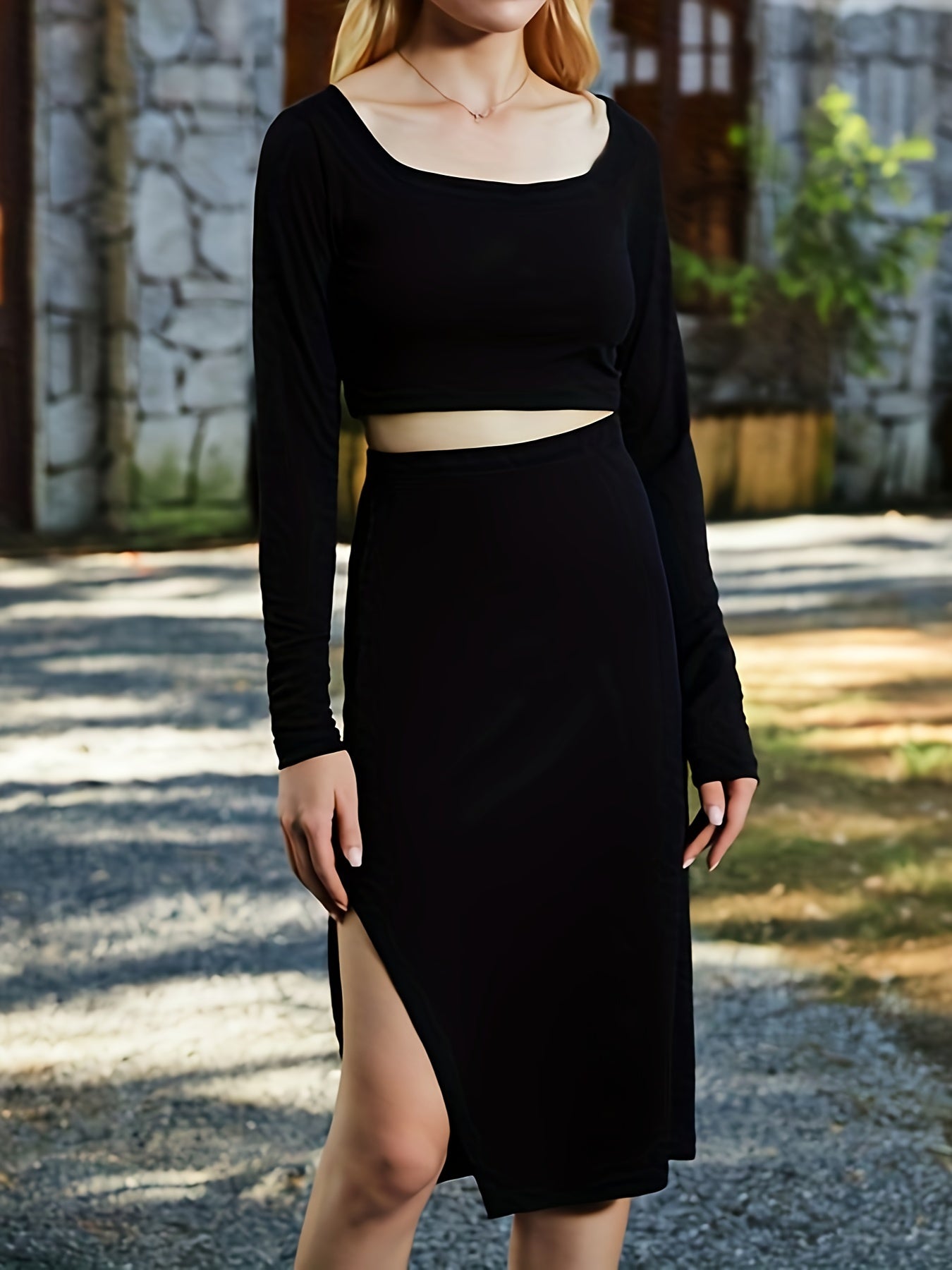Solid Slim Two-piece Skirt Set, Square Neck Long Sleeve Crop Top & Split Hem Skirt Outfits, Women's Clothing