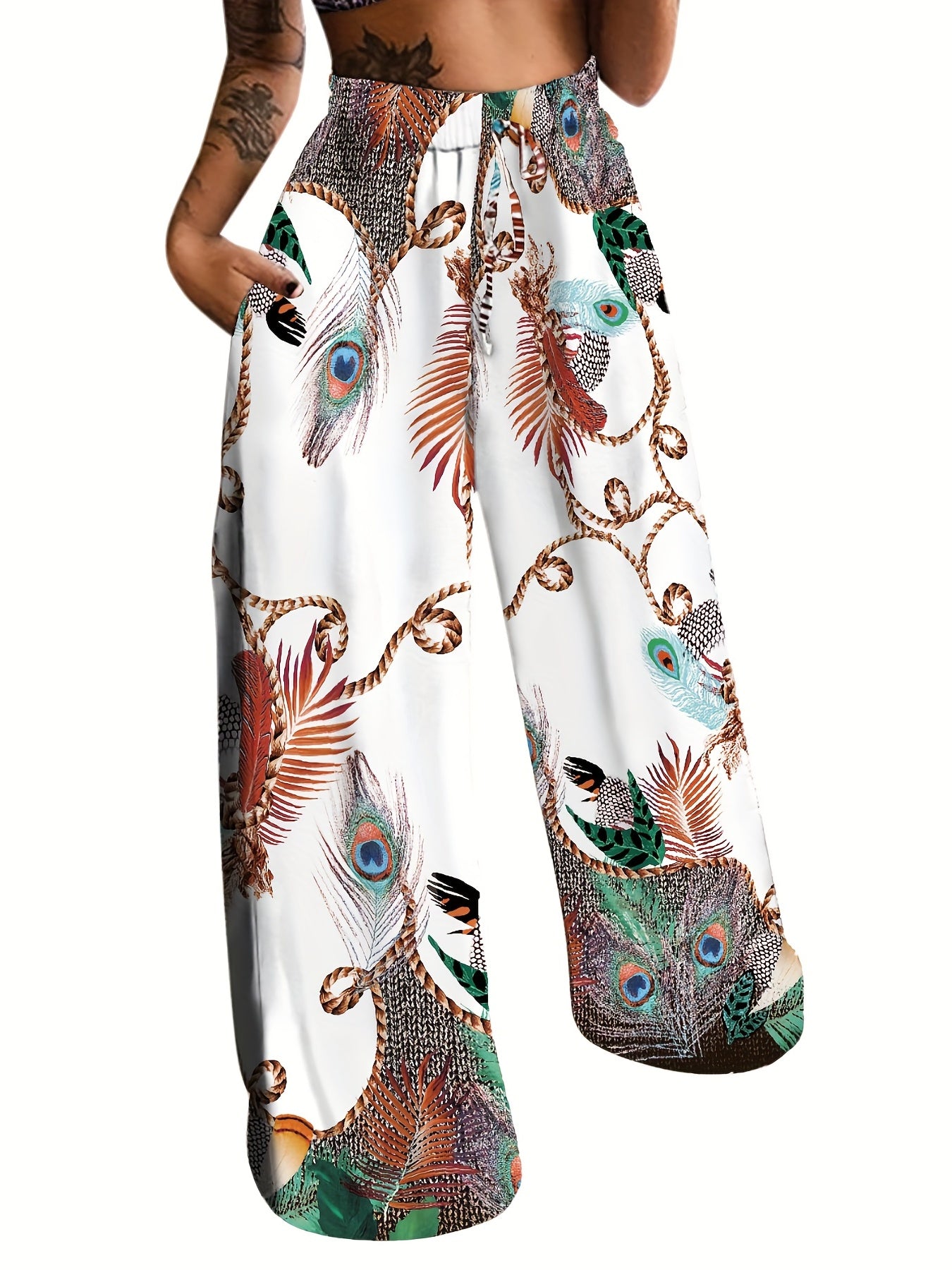 Peacock Print Wide Leg Pants, Retro Drawstring Long Length Palazzo Pants, Women's Clothing