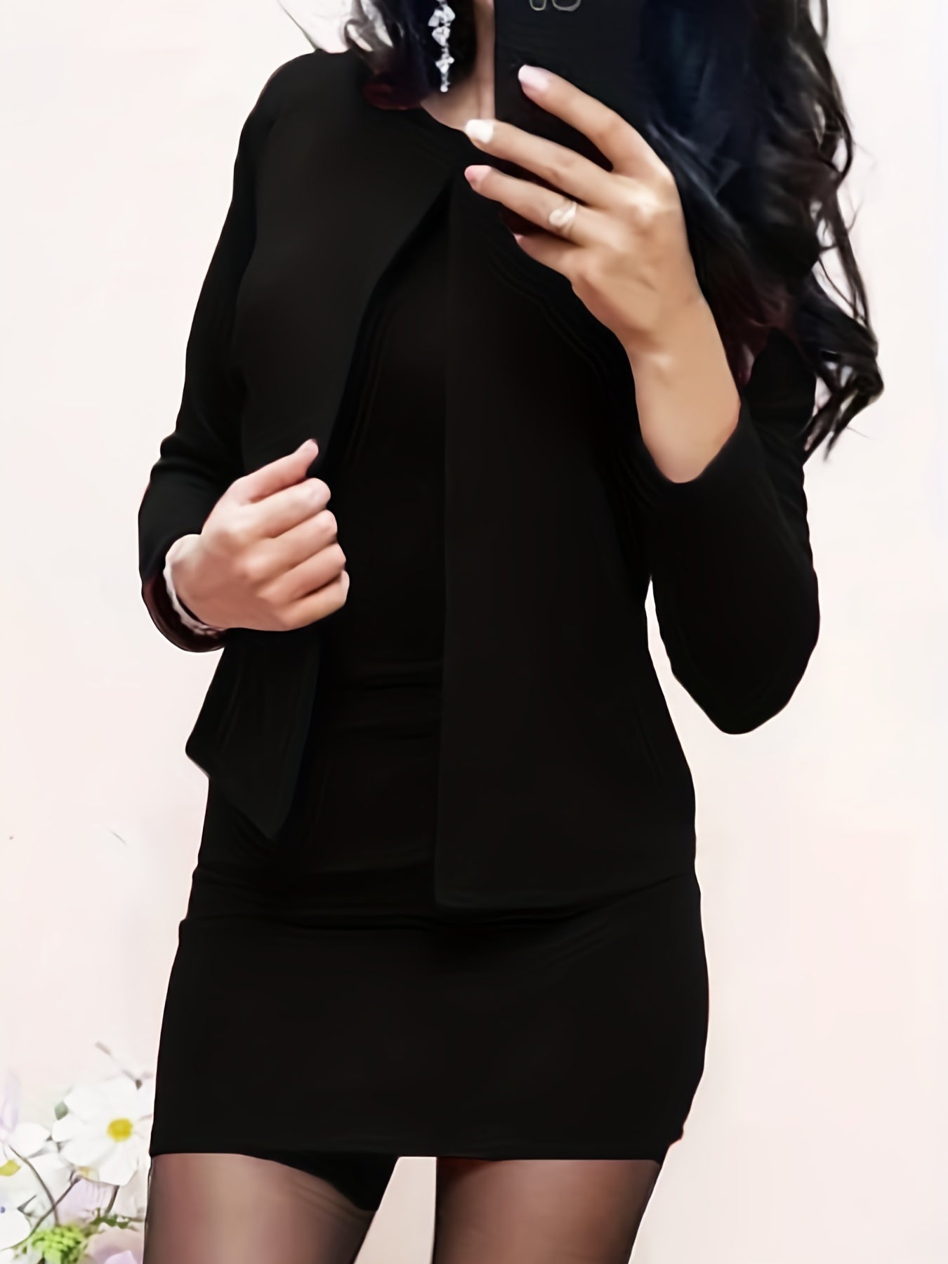 vlovelaw  Elegant Solid Slim Two-piece Dress Set, Long Sleeve Jacket & Bodycon Dress Outfits, Women's Clothing