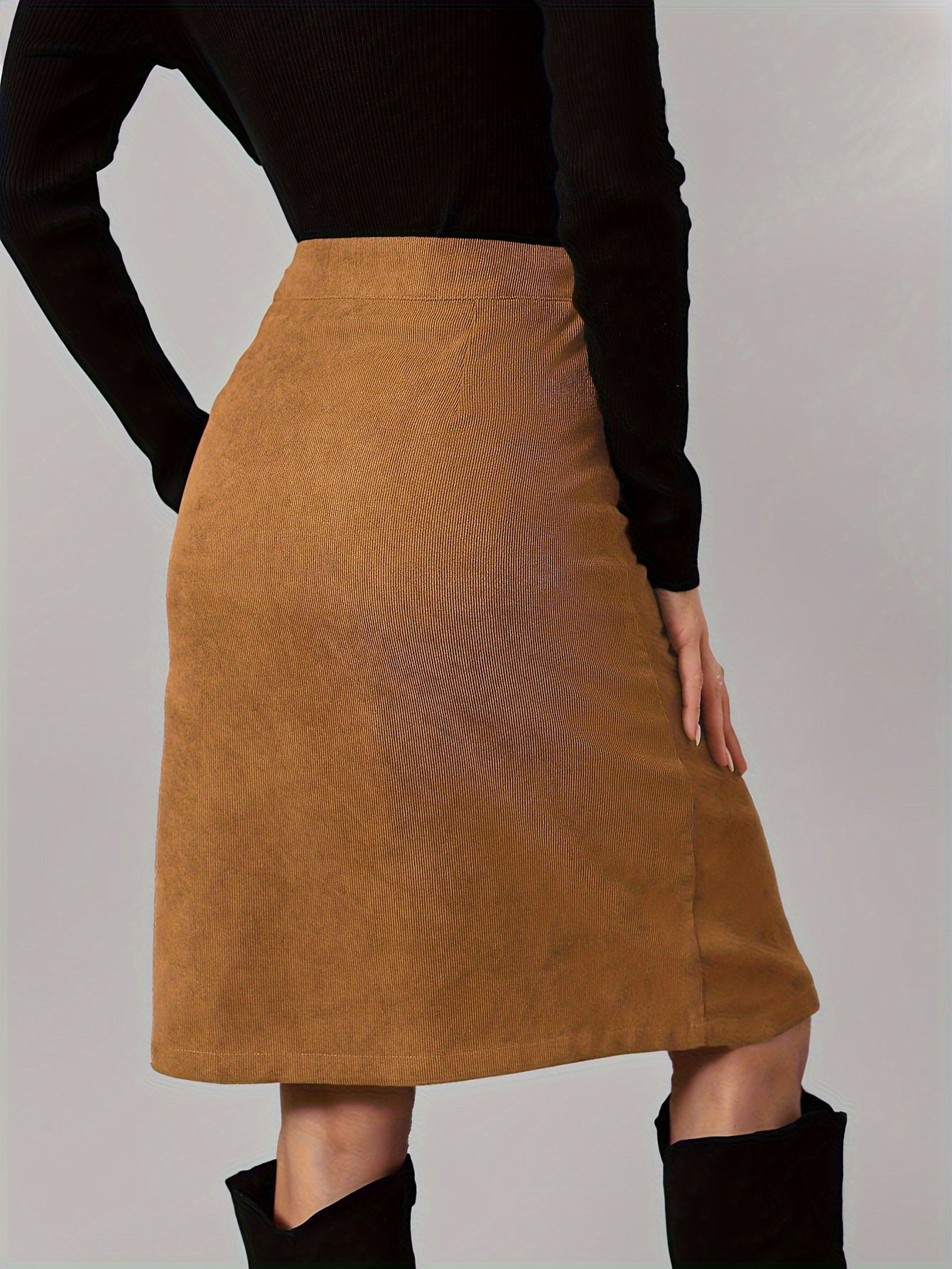 Solid Button Front Corduroy Skirt, Casual High Waist Knee Length Skirt, Women's Clothing