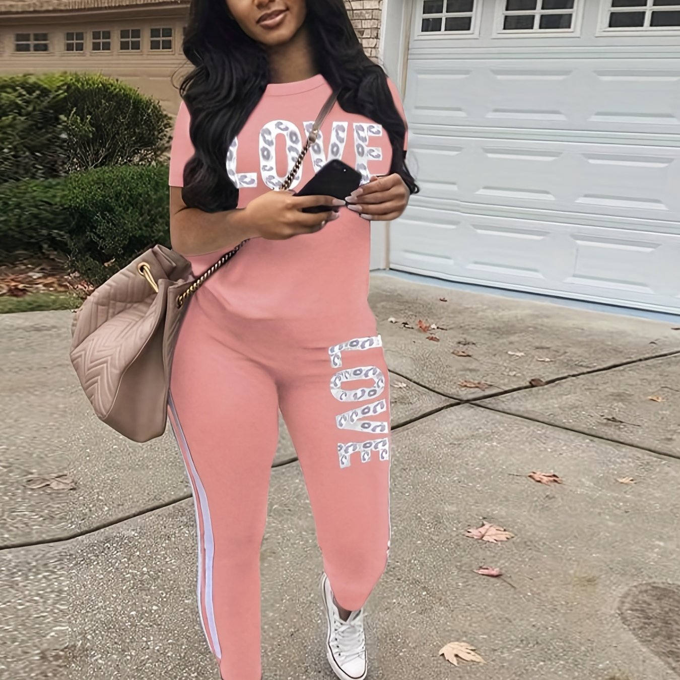 Casual Letter Print Two-piece Set, Short Sleeve T-shirt & Side Striped Pants Outfits, Women's Clothing