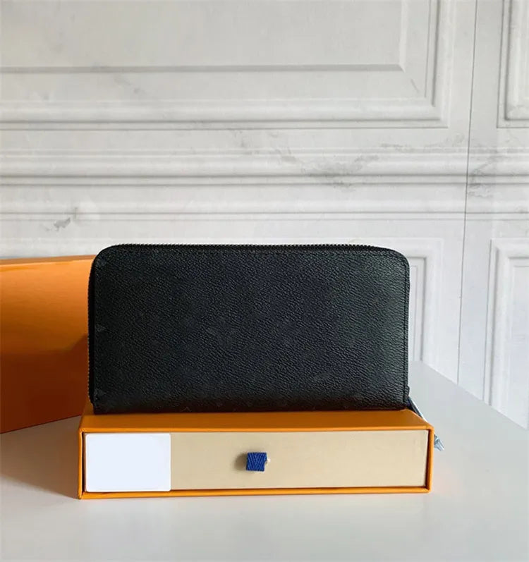Top Designer Wallets Women Men Wallet Black Embossed Genuine Leather Wallet Single Zipper Ladies Long Purse High Quality Classic Check Flowers Wallet With Box