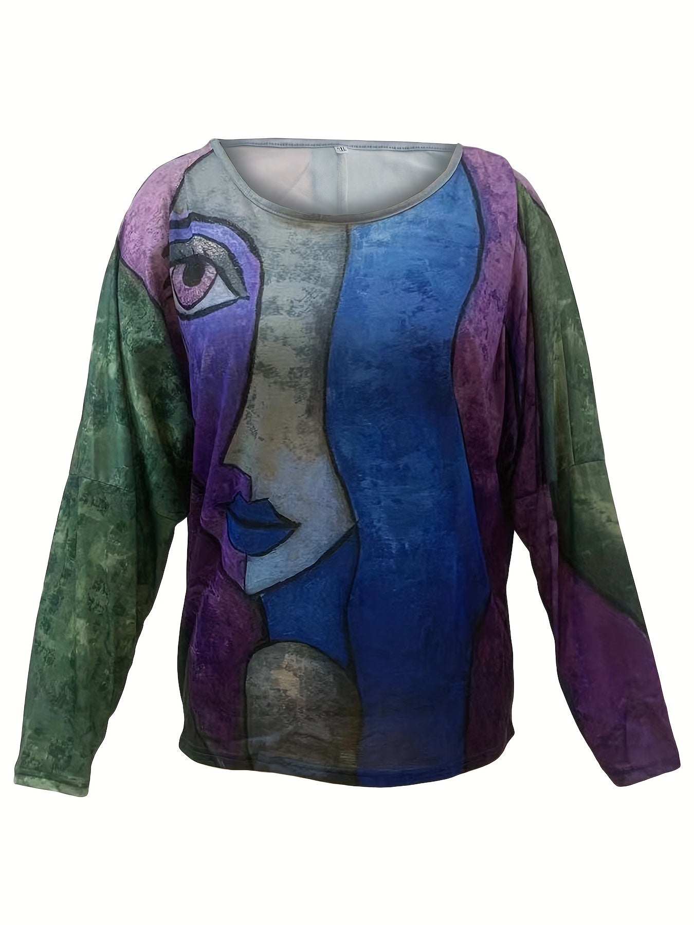 Plus Size Casual T-shirt, Women's Plus Abstract Print Long Sleeve Round Neck Medium Stretch T-shirt