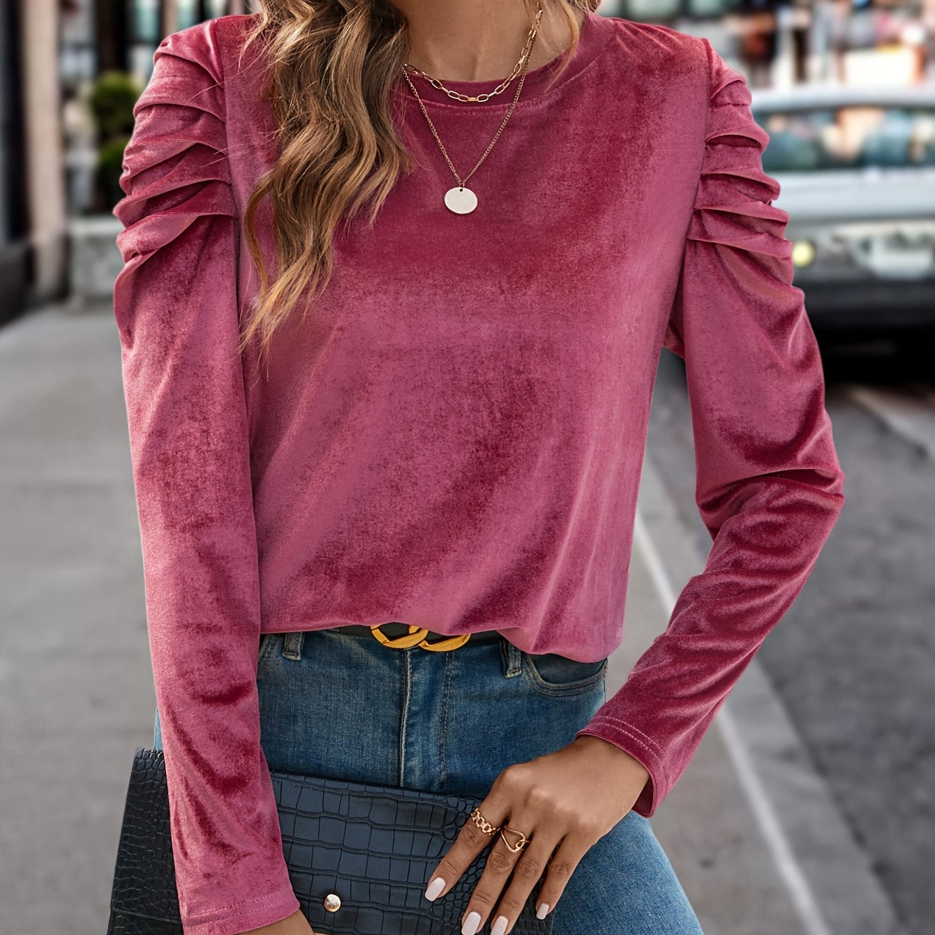 Solid Velvet Crew Neck Blouse, Casual Long Puff Sleeve Blouse For Spring & Fall, Women's Clothing