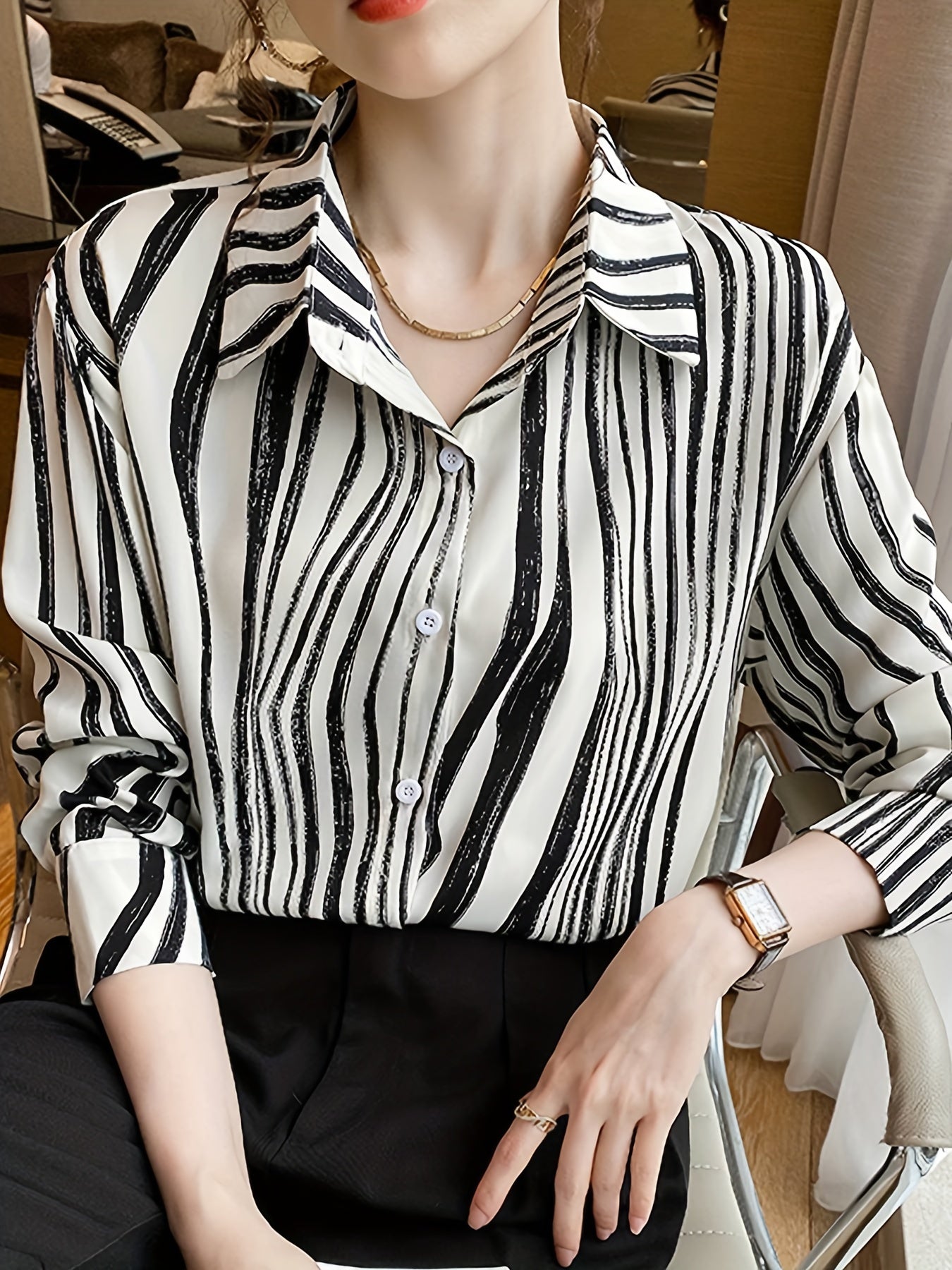 vlovelaw Striped Print Button Front Shirt, Versatile Long Sleeve Shirt For Spring & Fall, Women's Clothing
