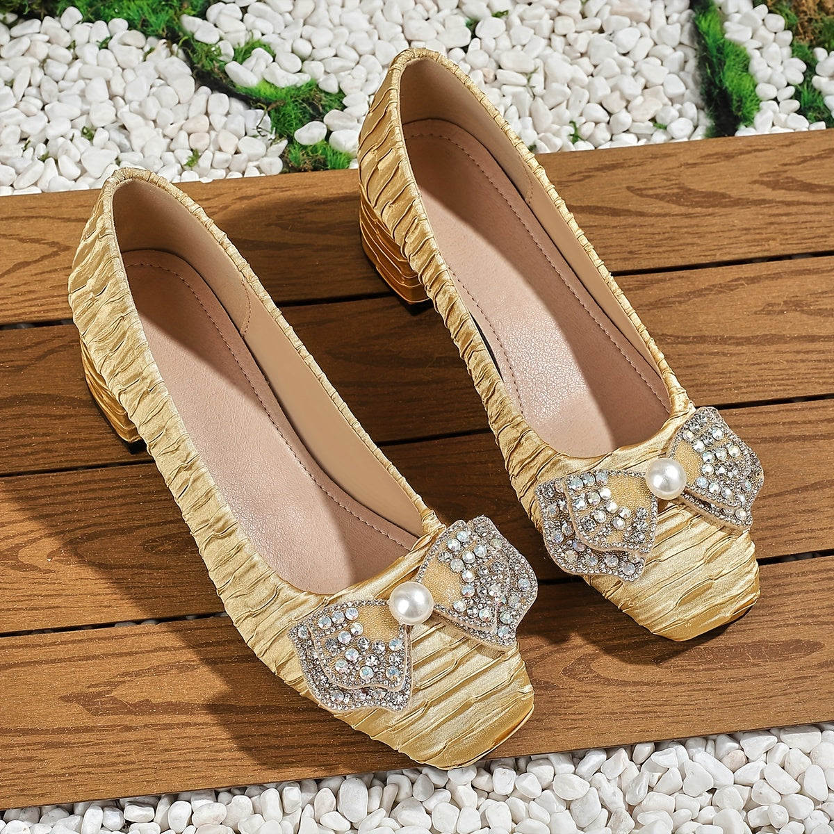 vlovelaw Women's Rhinestone & Bowknot Decor Chunky Heels, Elegant Square Toe Dress Pumps, Fashion Slip On Heels