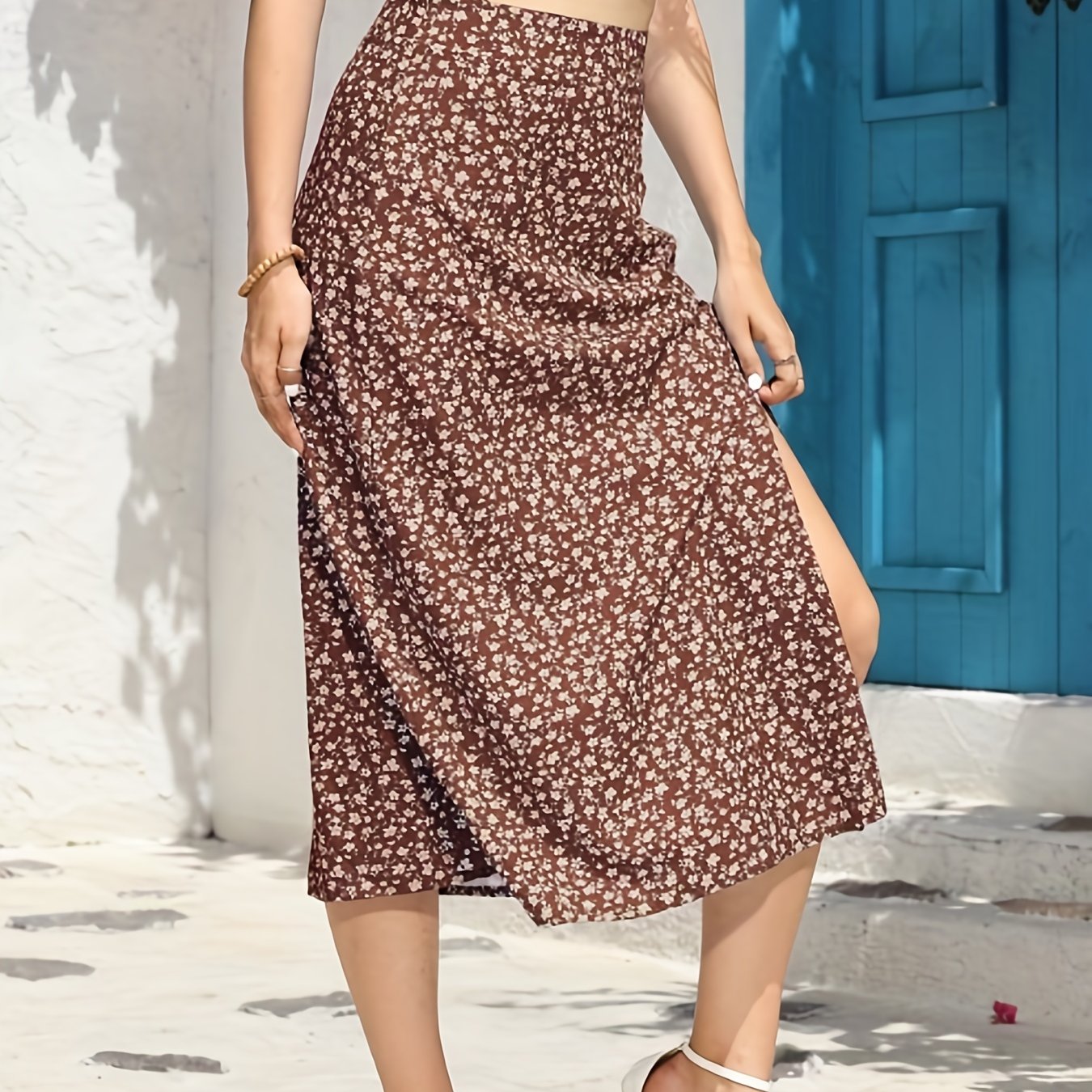 vlovelaw  Floral Print Midi Skirt, Side Slit Casual Skirt For Summer & Spring, Women's Clothing