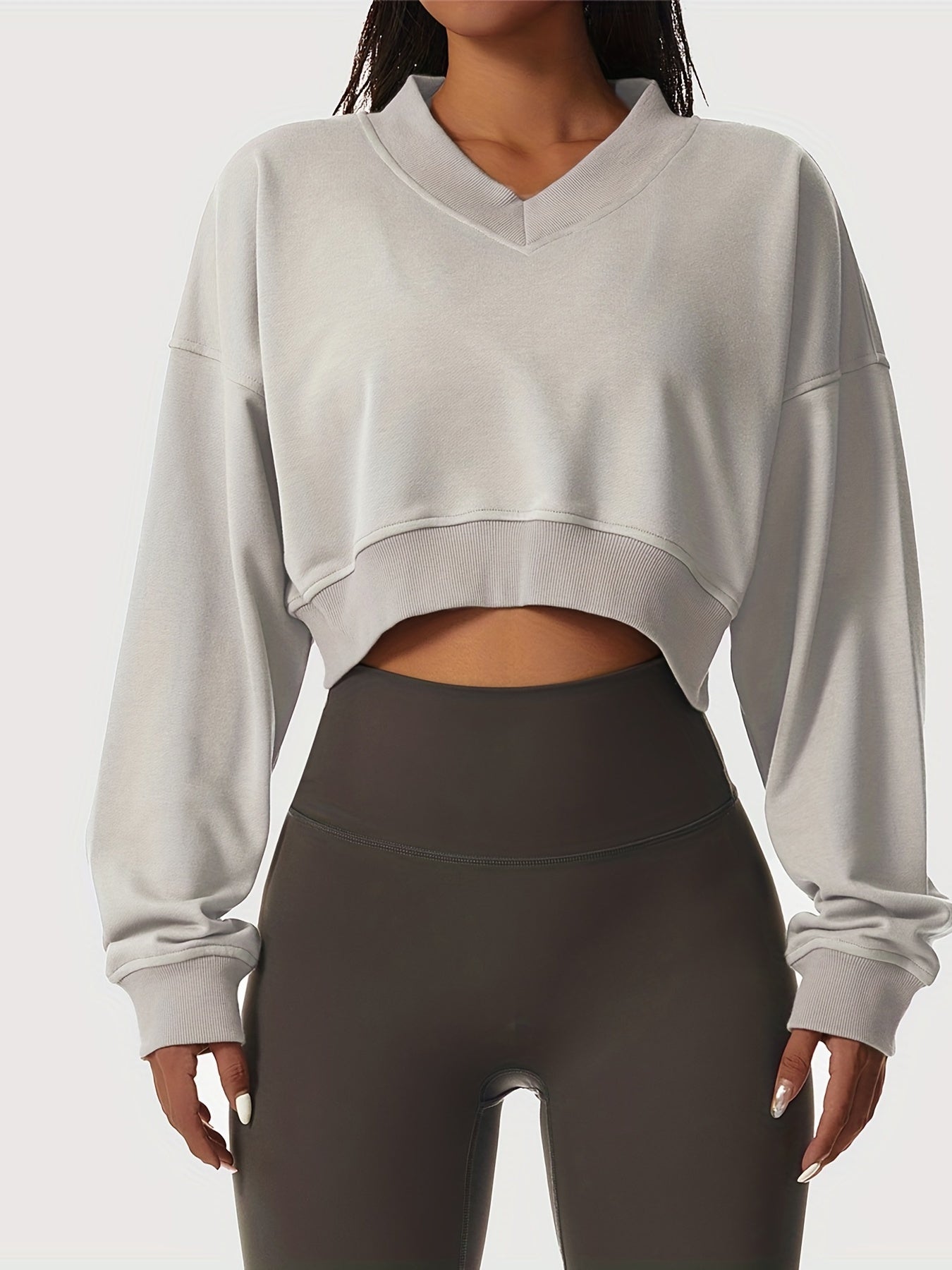 Women's Solid Cropped Long Sleeve Sweatshirts, Casual V Neck Pullover Sports T-Shirts Tops, Women's Clothing
