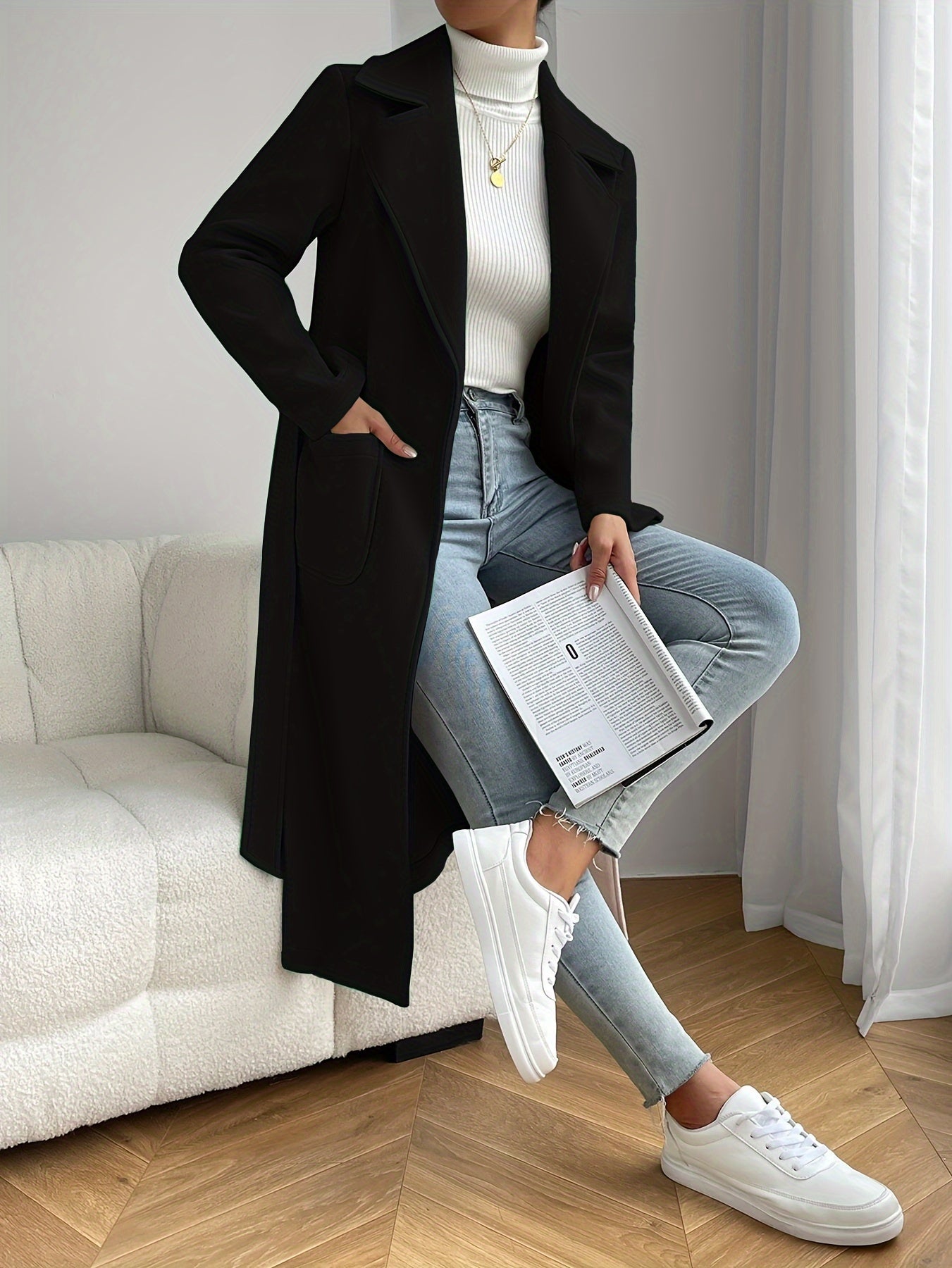 vlovelaw Dual Pocket Trench Coat, Tie Waist Solid Casual Coat For Winter & Fall, Women's Clothing