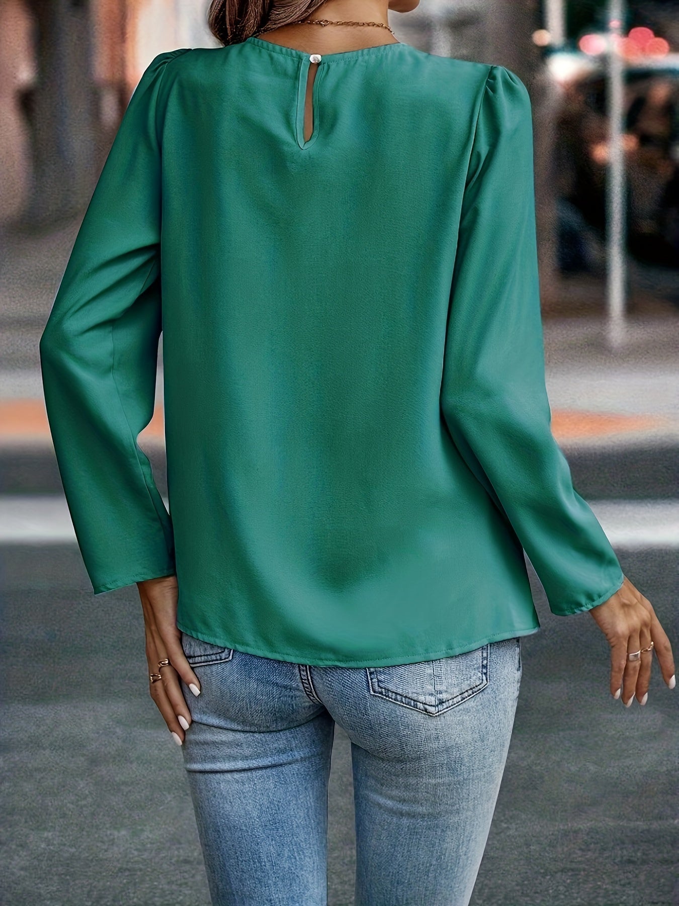 vlovelaw Ruched Solid Blouse, Casual Crew Neck Keyhole Long Sleeve Blouse, Women's Clothing