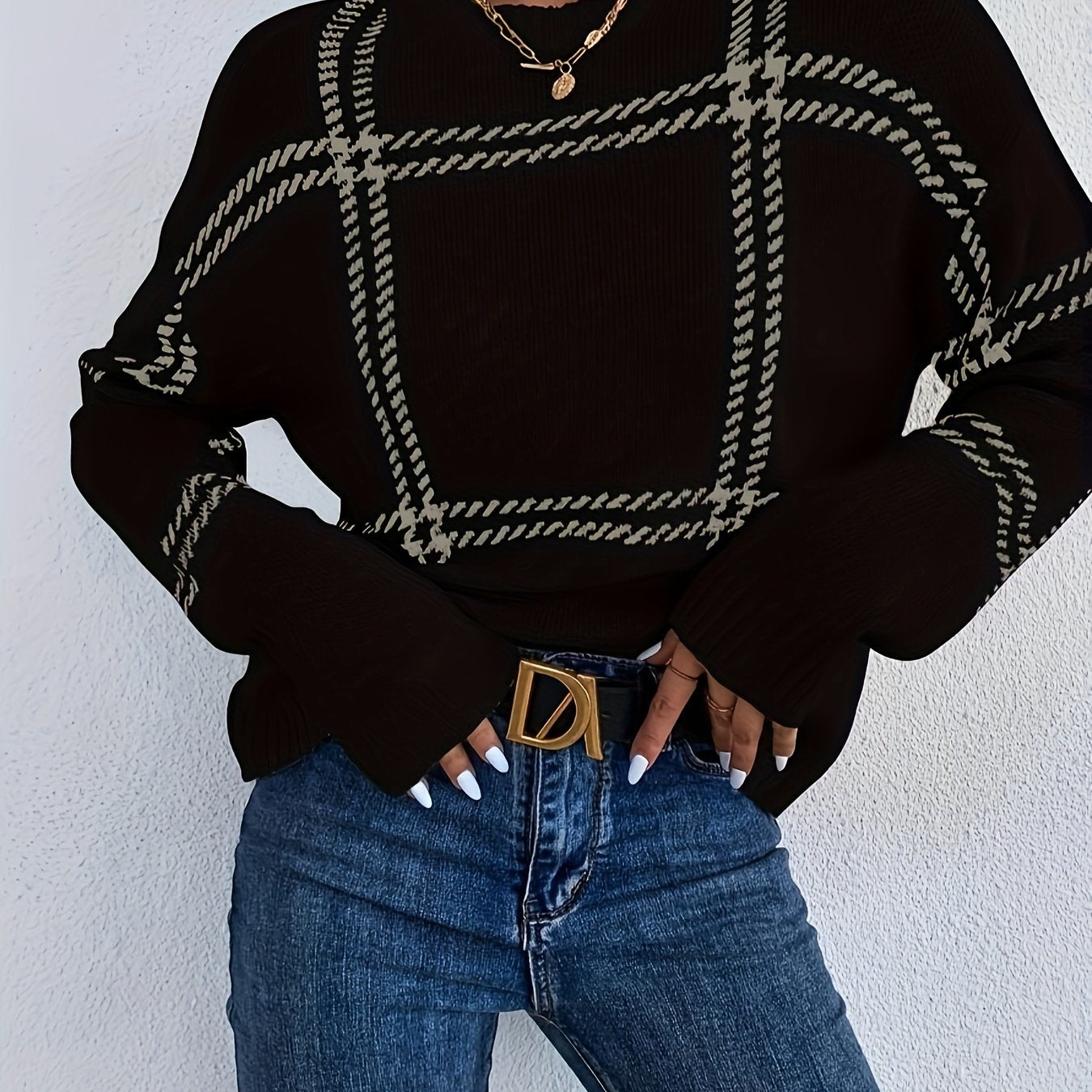 vlovelaw Plaid Crew Neck Pullover Sweater, Casual Long Sleeve Drop Shoulder Sweater For Fall & Winter, Women's Clothing