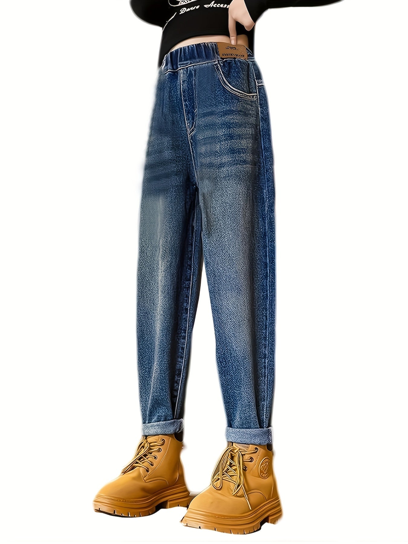 Kid's Chic Elastic Waist Jeans, Denim Pants With Pockets, Girl's Novelty Clothes For Spring Fall Winter